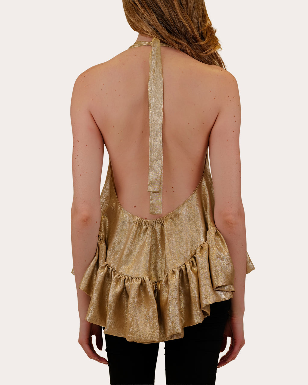 Winston Metallic Lamé Ruffle Halter Top