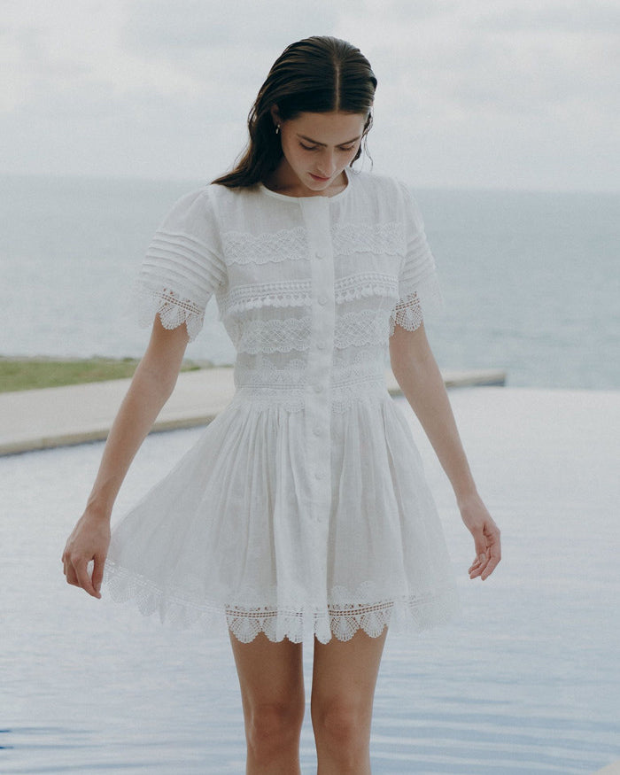 Violetta Lace Linen Pintucked Mini Dress