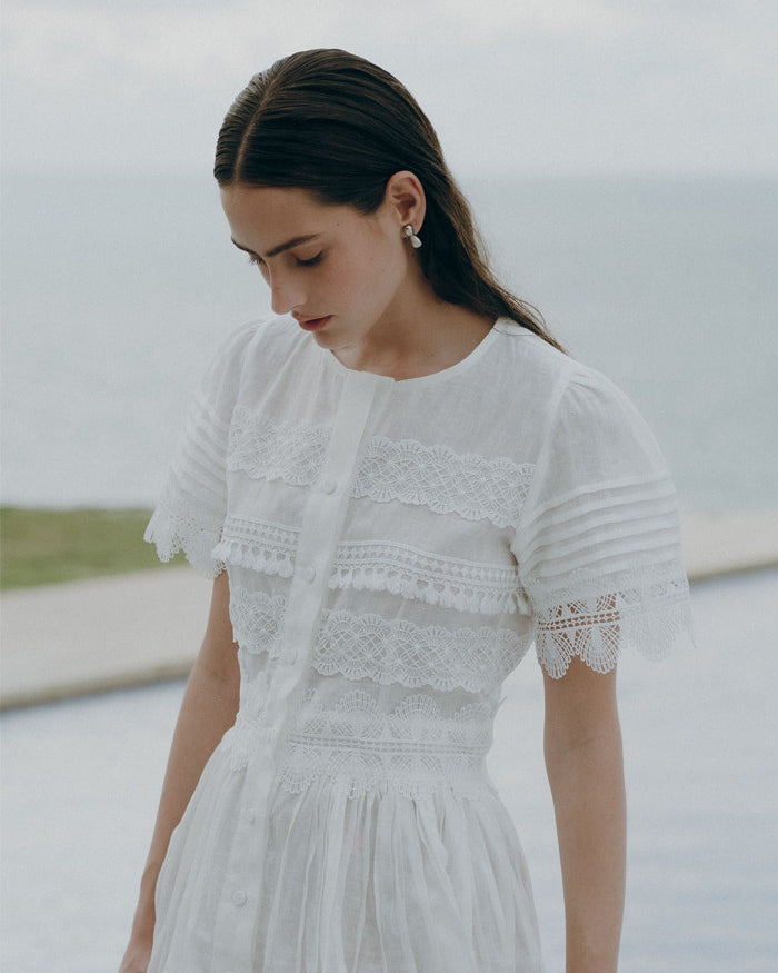 Violetta Lace Linen Pintucked Mini Dress