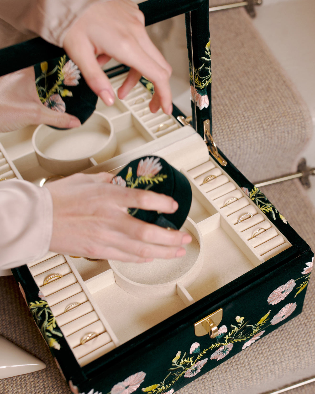 Zoe Embroidered Velvet Medium Jewelry Box