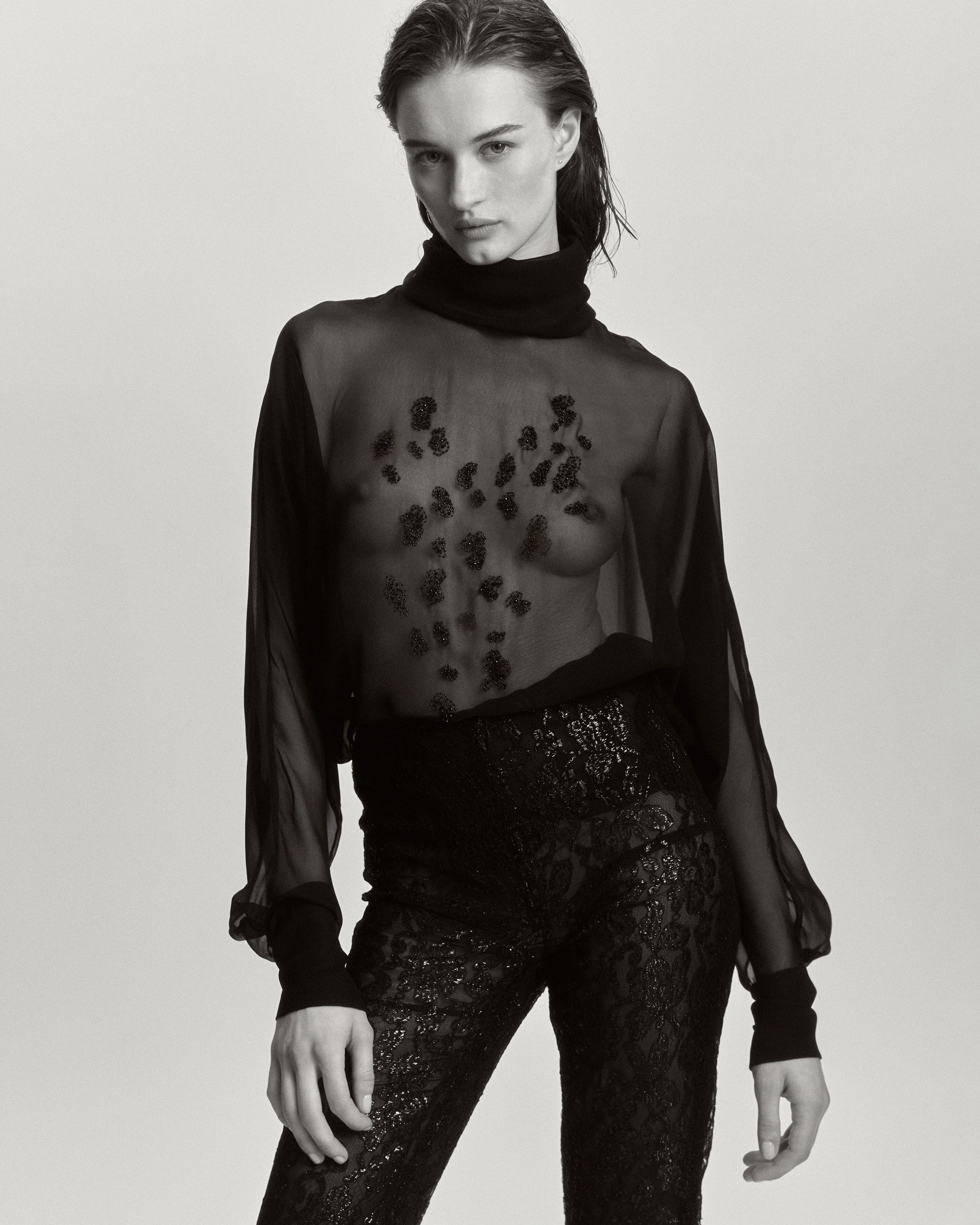 Dusk Sheer Silk Embroidered Mock Neck Top | Olivela