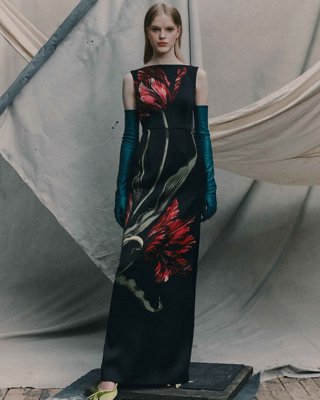Floral Satin Sleeveless Boatneck Gown