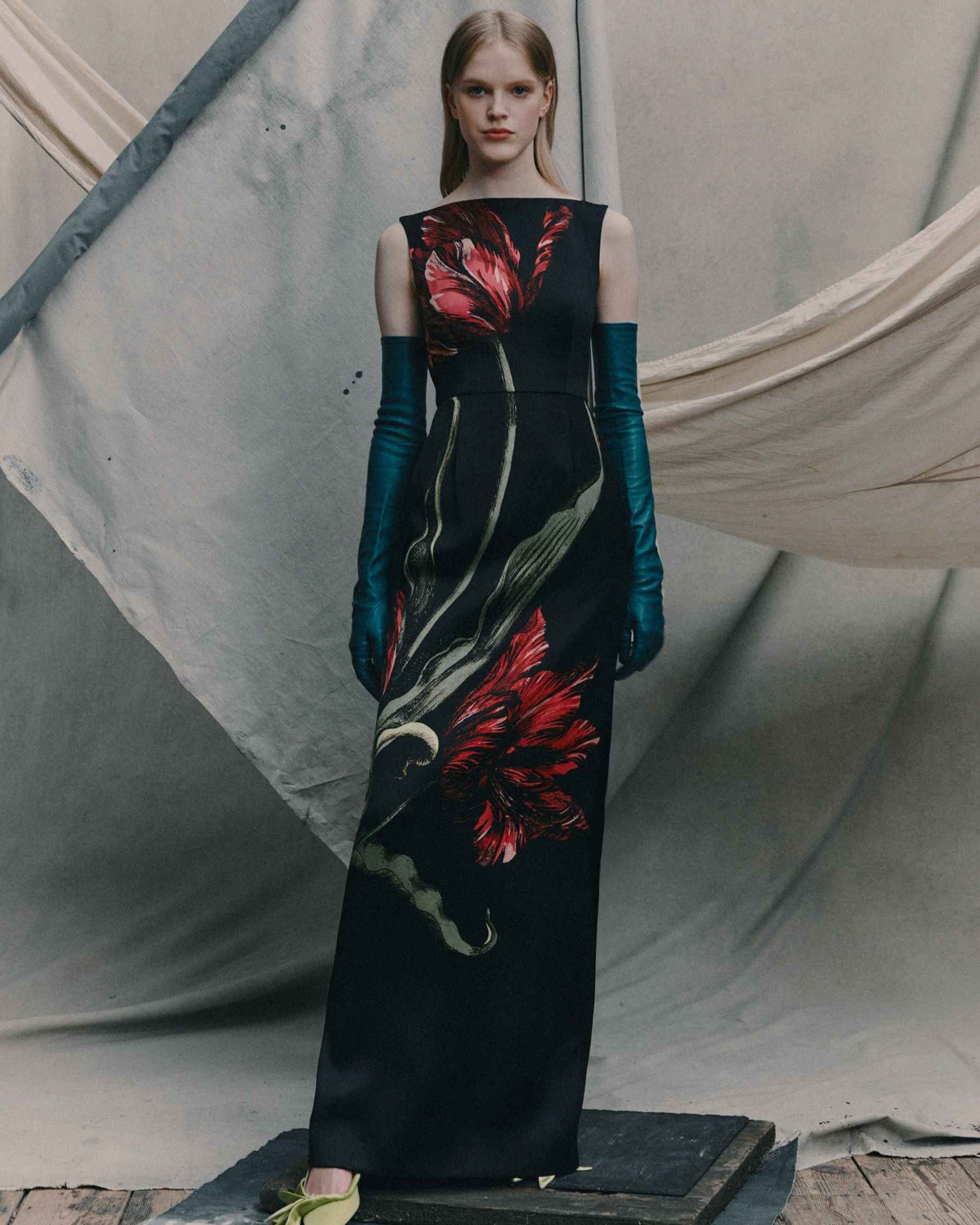 Floral Satin Sleeveless Boatneck Gown