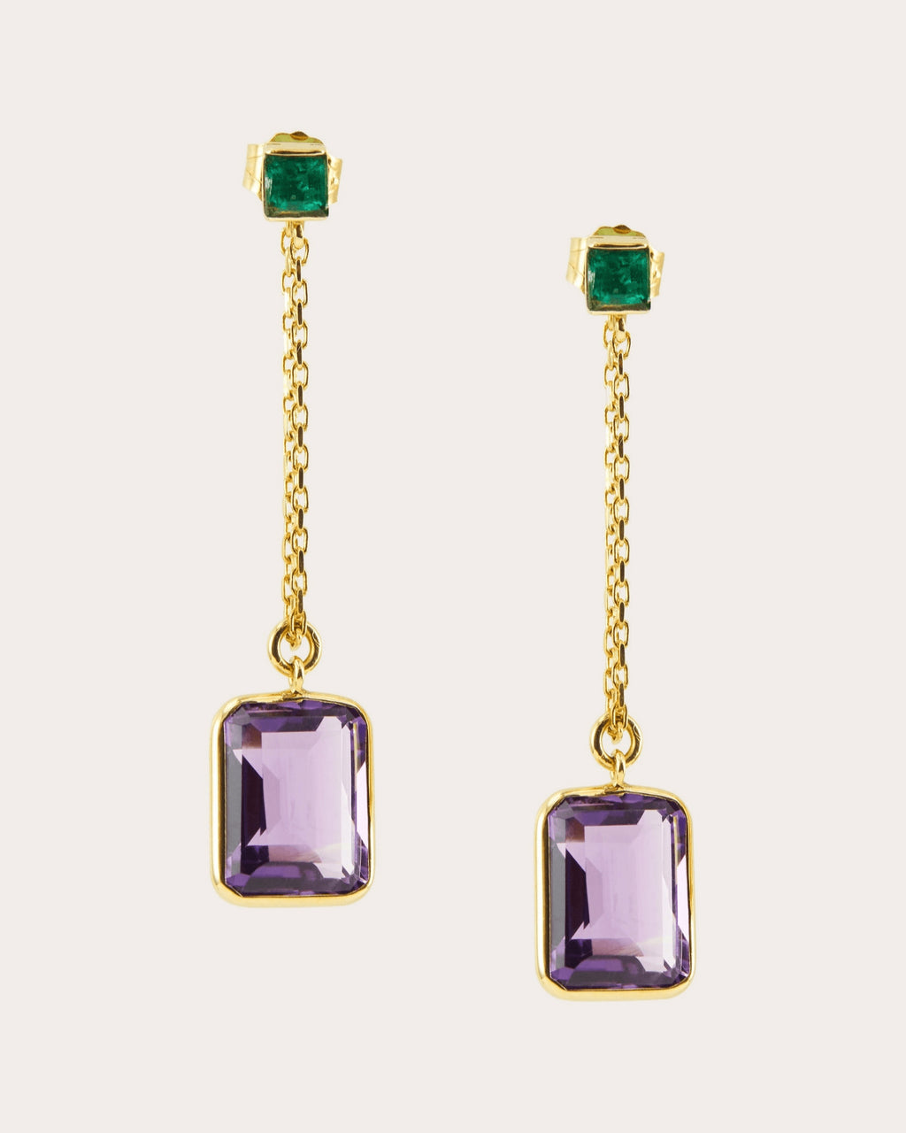 Emerald & Amethyst Chain Drop Earrings