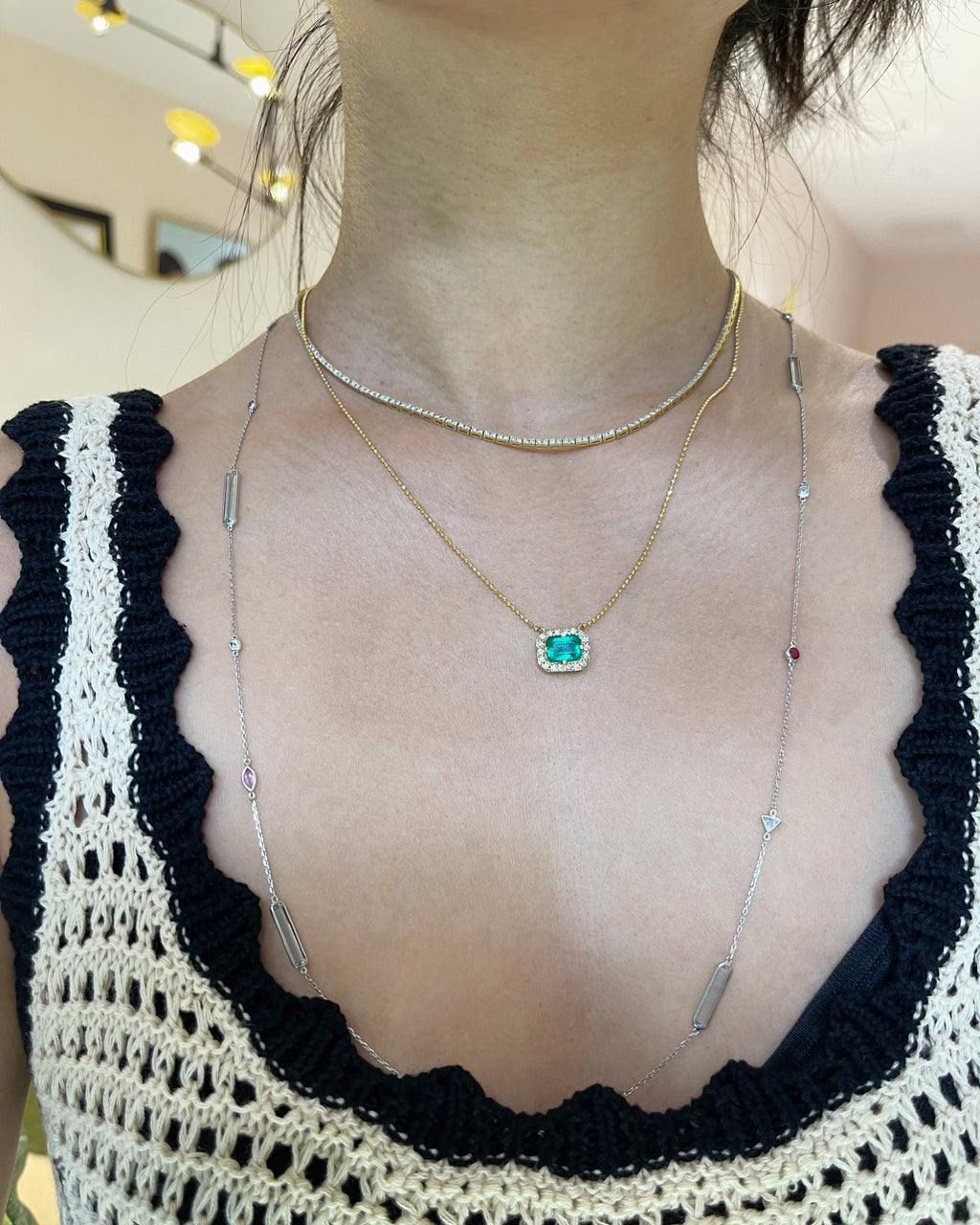 Emerald & Diamond Frame Pendant Necklace