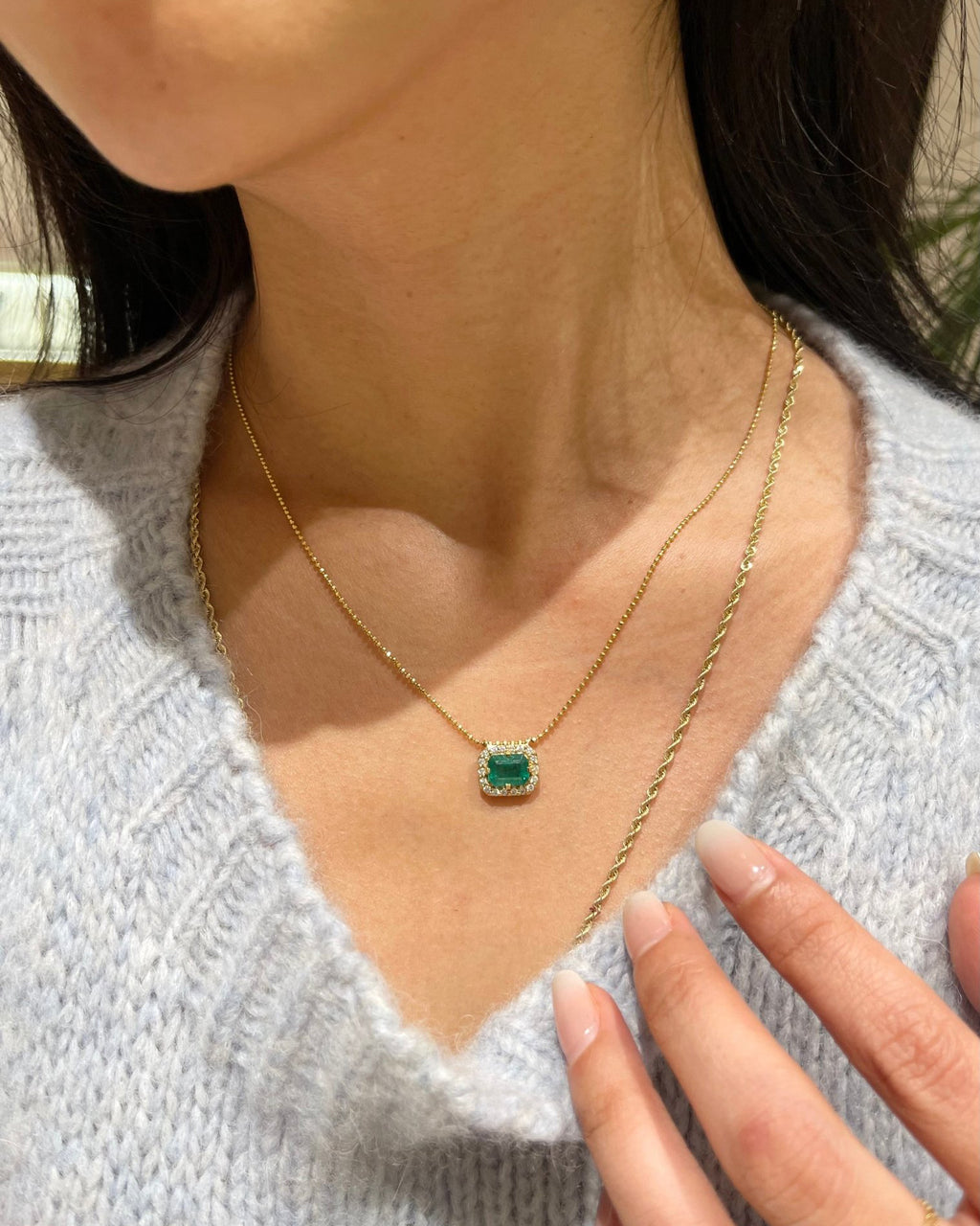 Emerald & Diamond Frame Pendant Necklace
