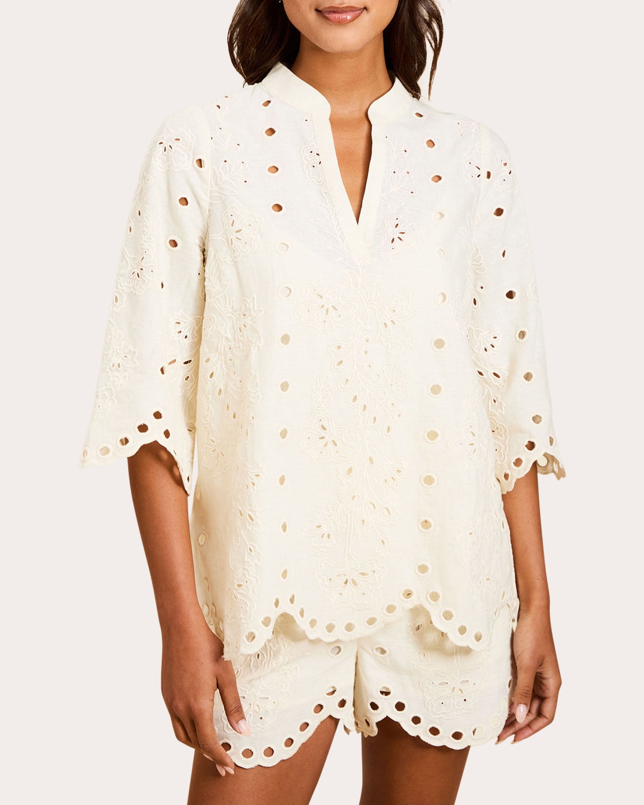 Emilio Embroidered Cotton Scallop Top