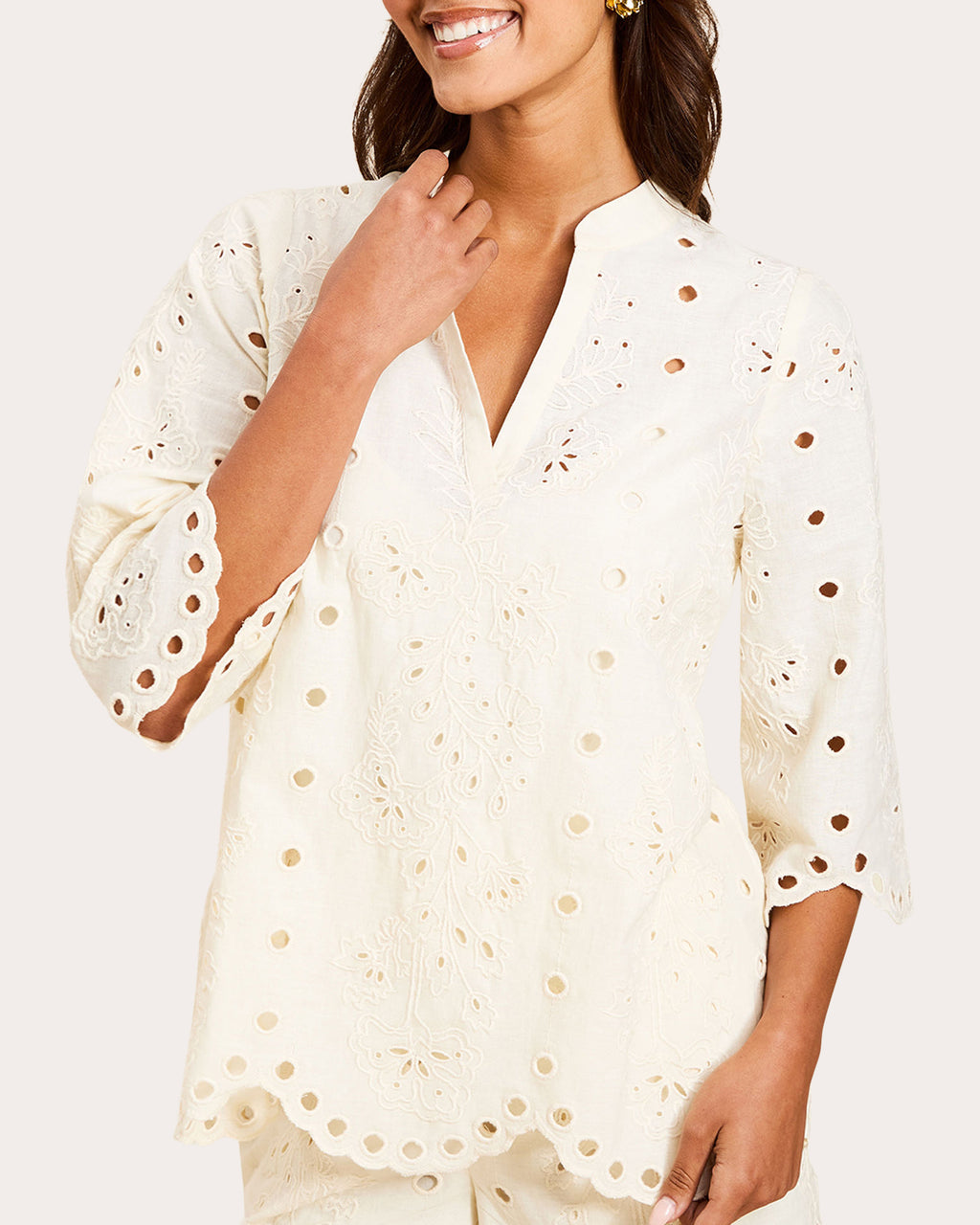 Emilio Embroidered Cotton Scallop Top