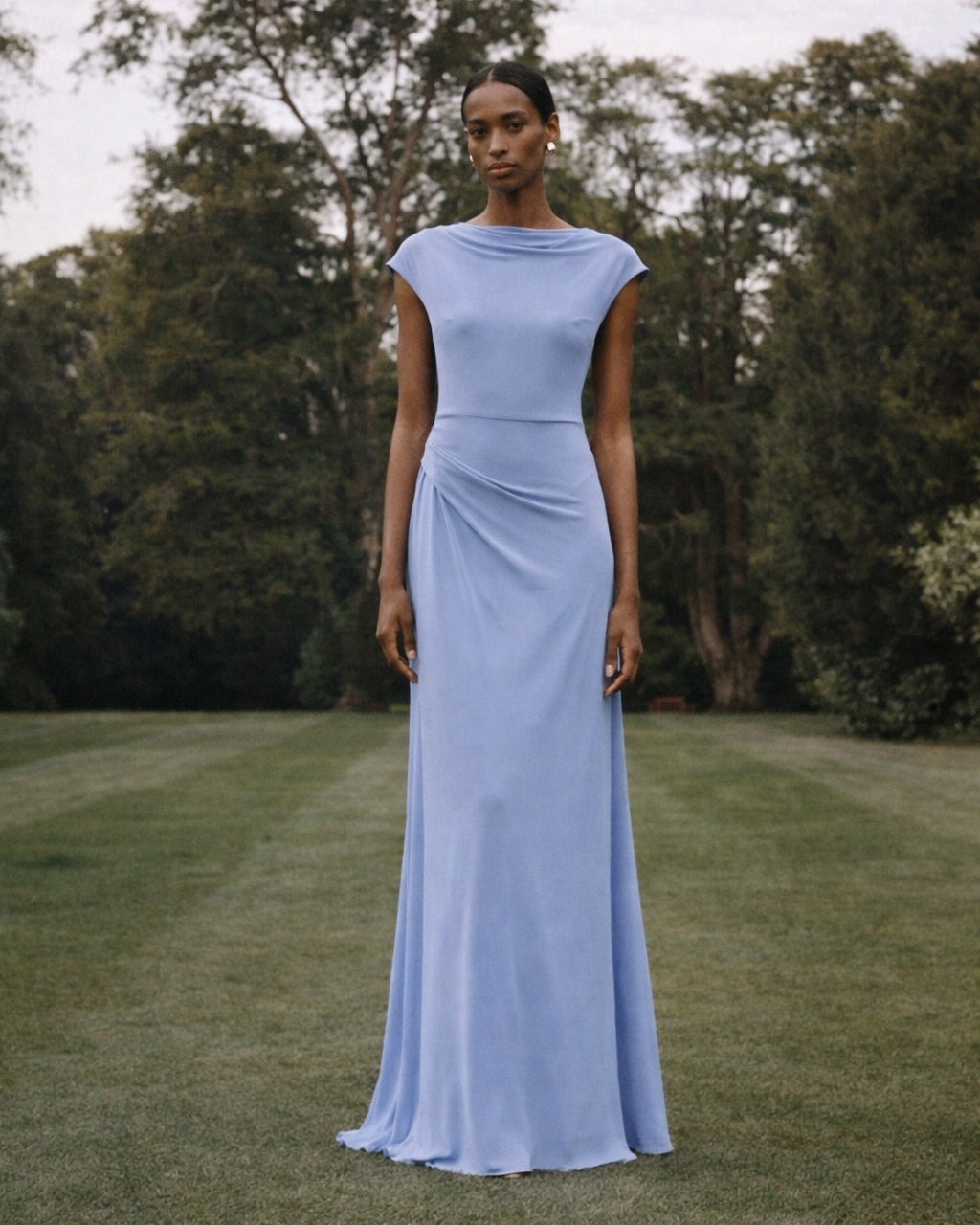 Draped Crepe Short-Sleeve Gown