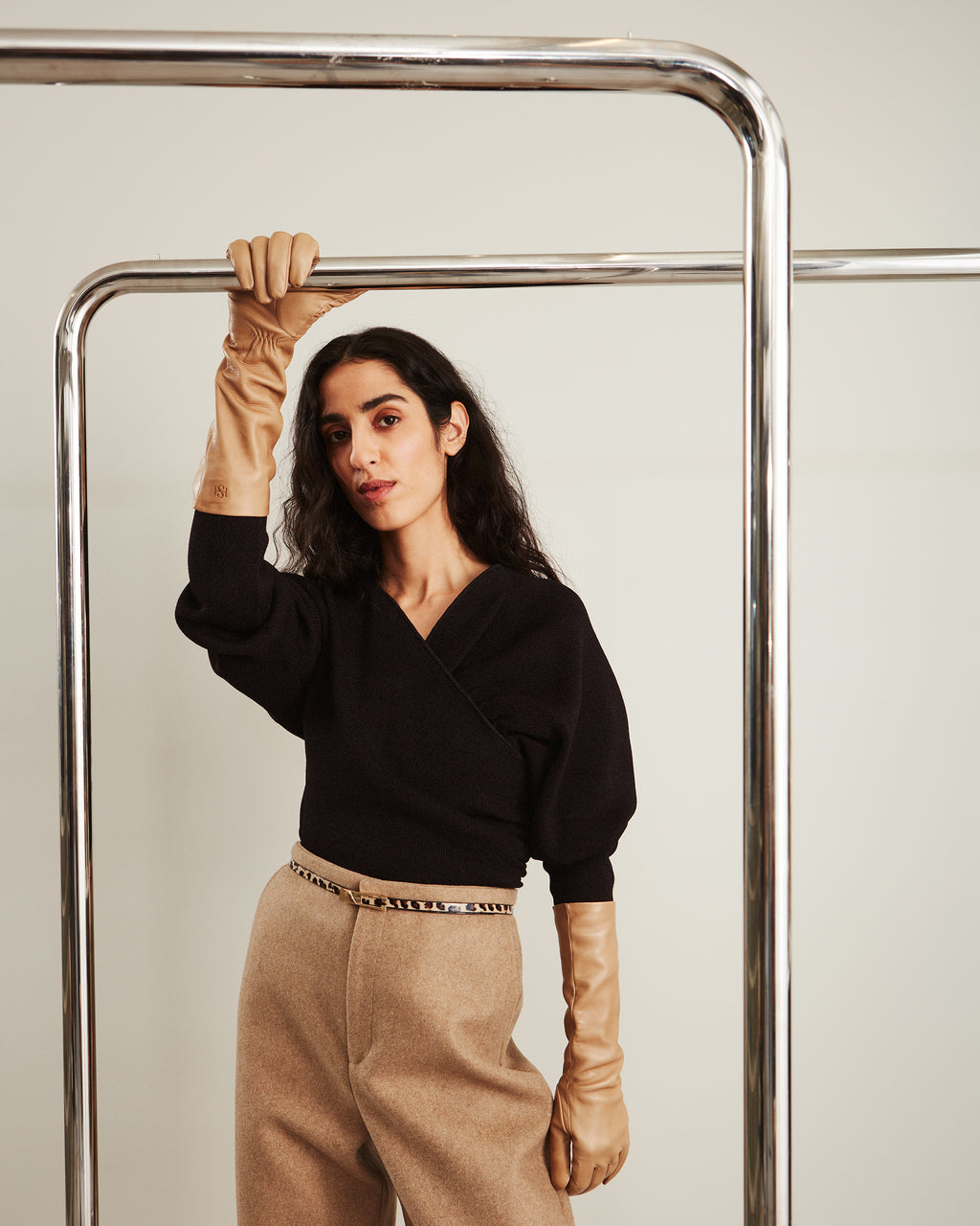 Beige Essentials Long Leather Gloves