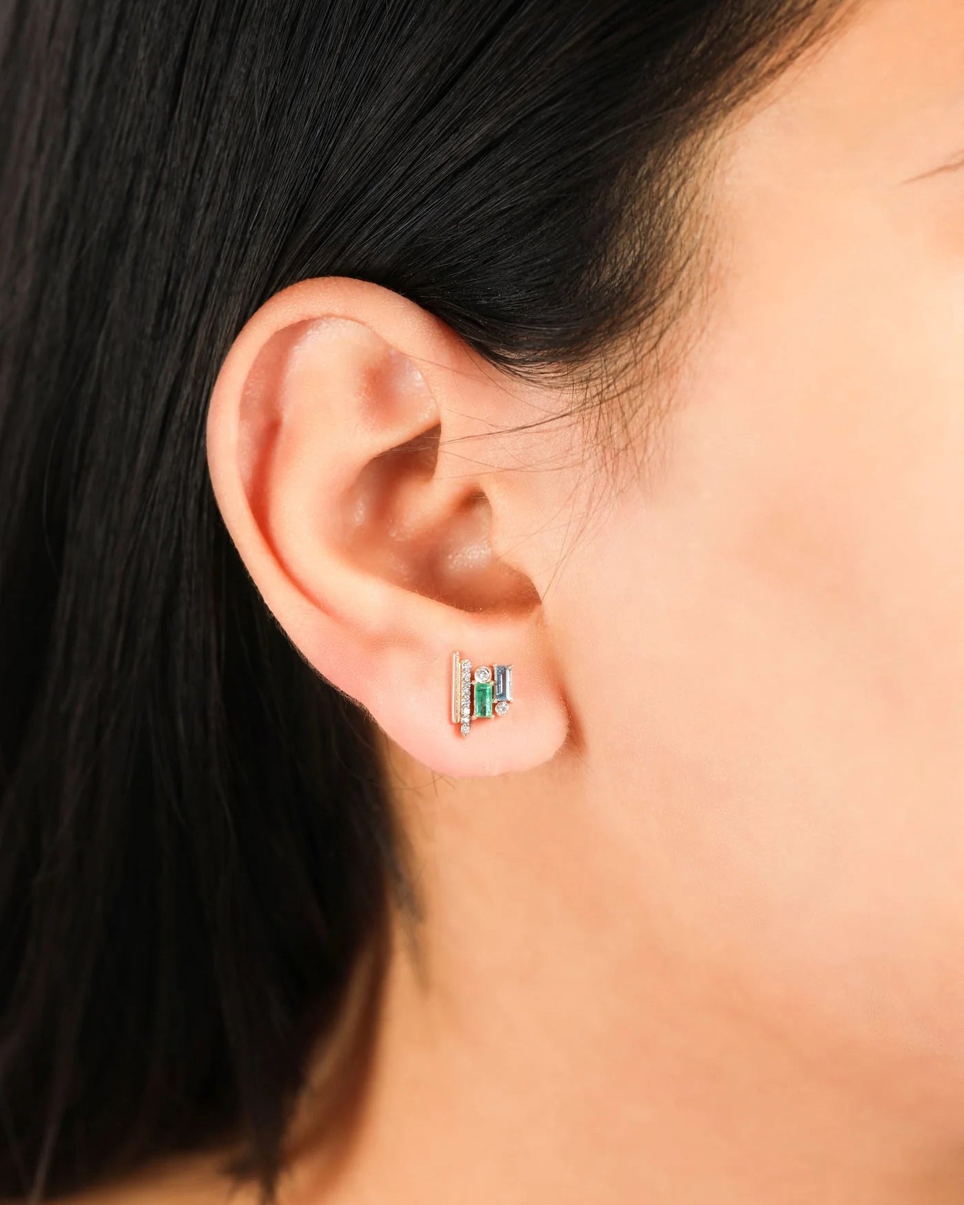 Diamond & Emerald 14k Gold Ethereal Stud Earrings