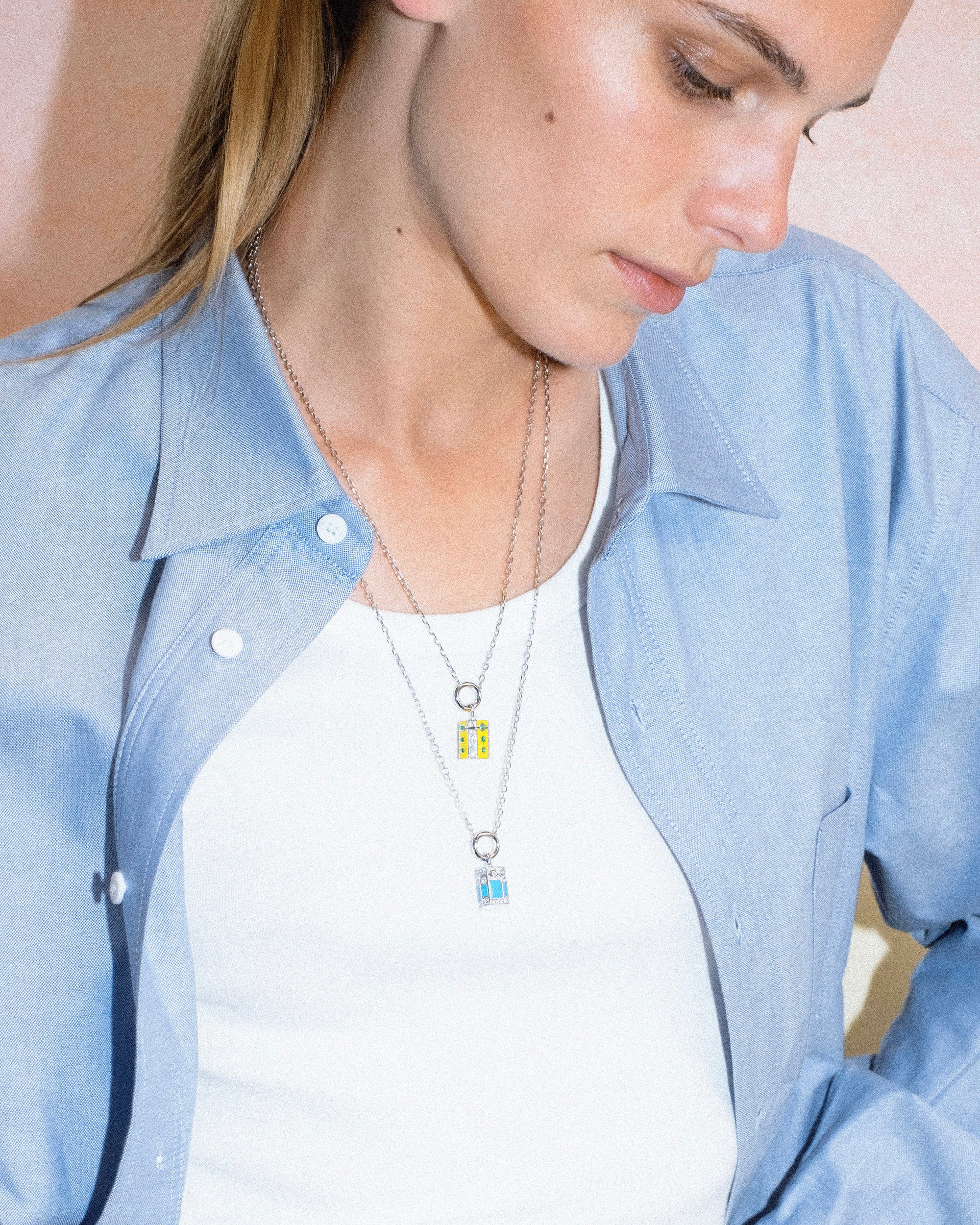 Diamond & Blue Enamel Wish Box Pendant Necklace