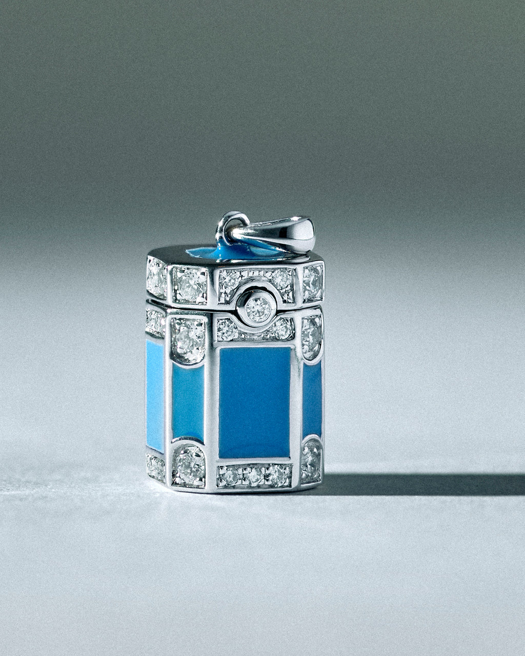 Diamond & Blue Enamel Wish Box Pendant Necklace