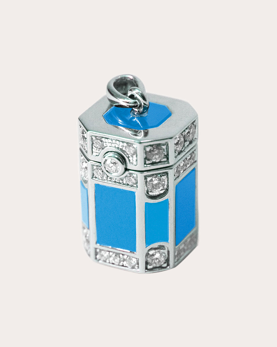 Diamond & Blue Enamel Wish Box Pendant Necklace