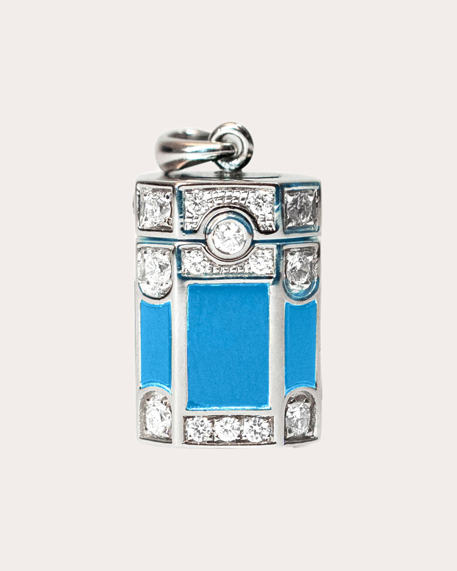 Diamond & Blue Enamel Wish Box Pendant Necklace