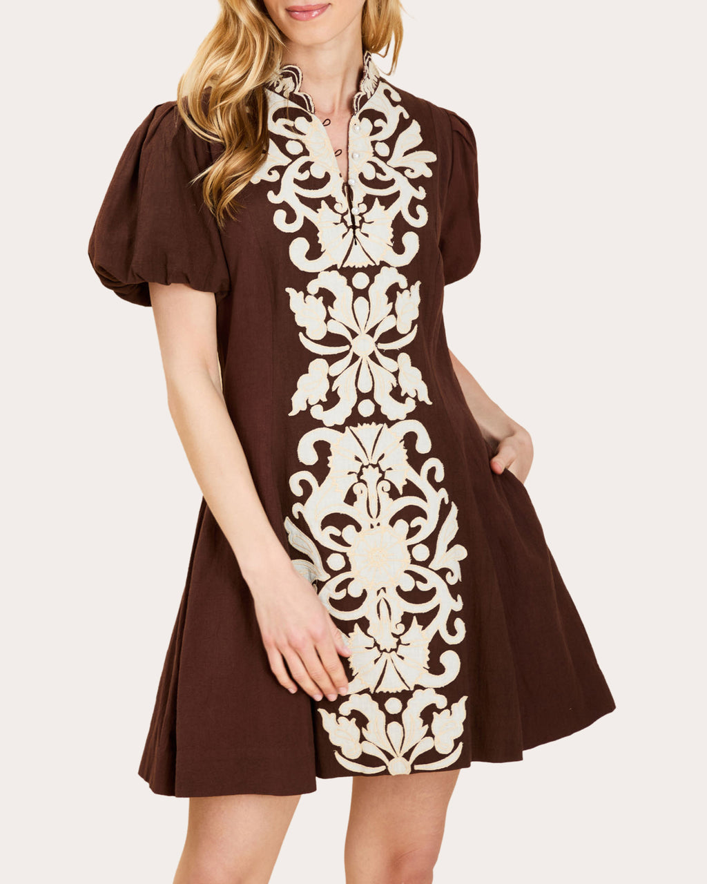 Flavia Embroidered Puff-Sleeve Mini Dress