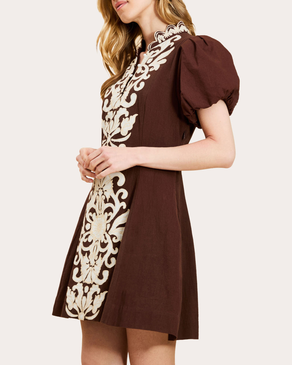 Flavia Embroidered Puff-Sleeve Mini Dress