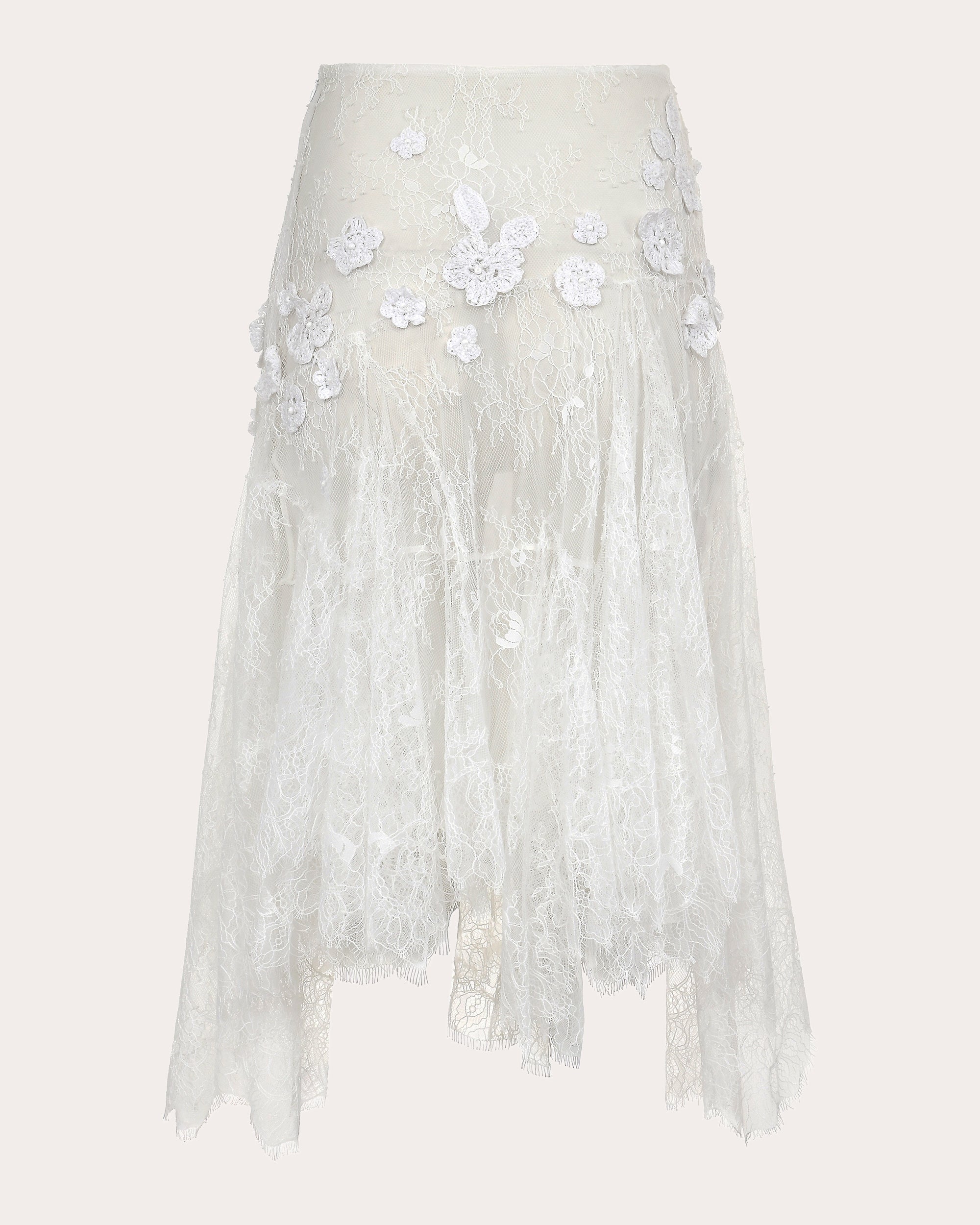 【最終価格】Floating flower lace skirt Ivory2 Flor Appliqué Sheer Lace Midi Skirt | Olivela