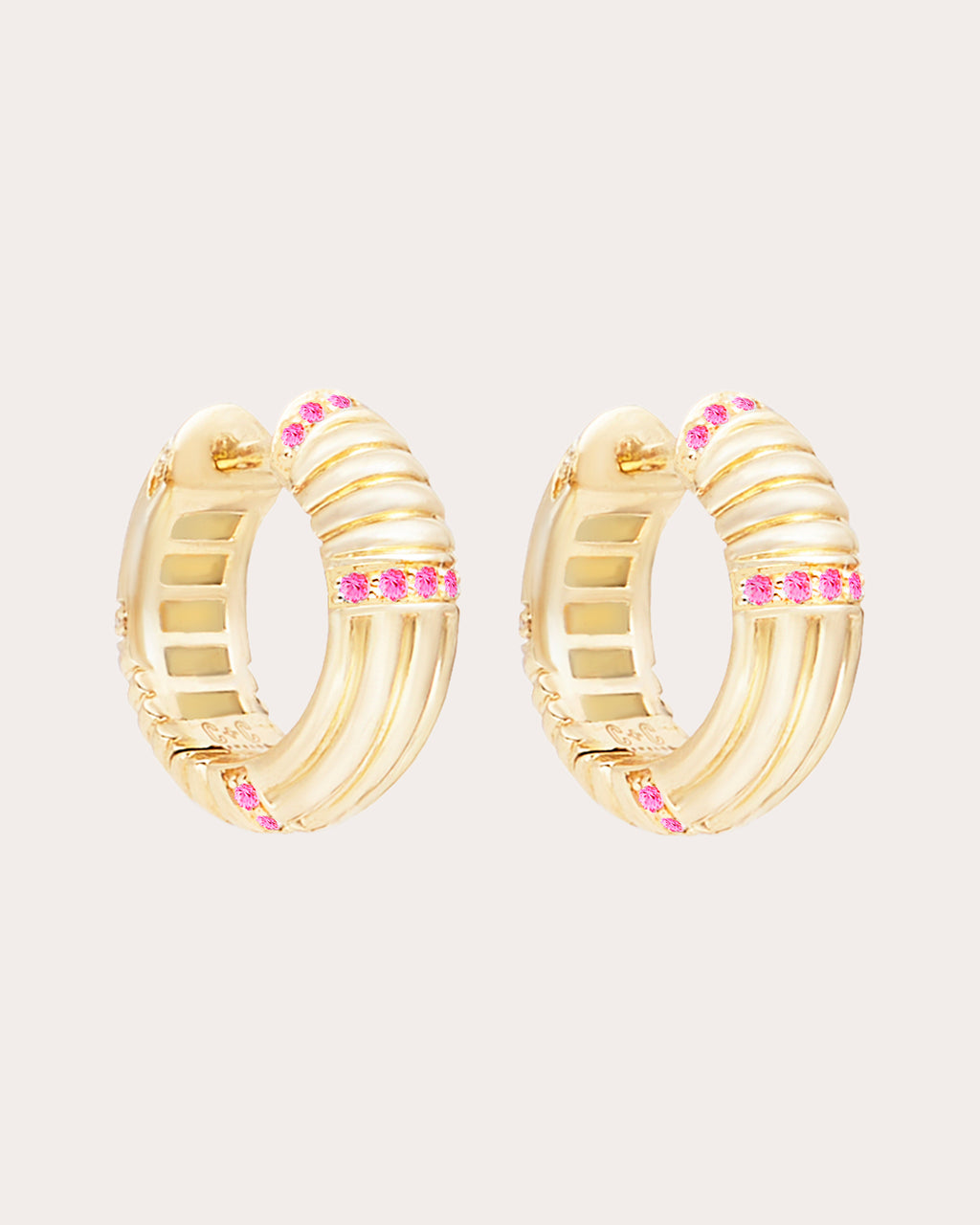 Pink Sapphire & 14k Gold Found Ribbed Hoop Earrings