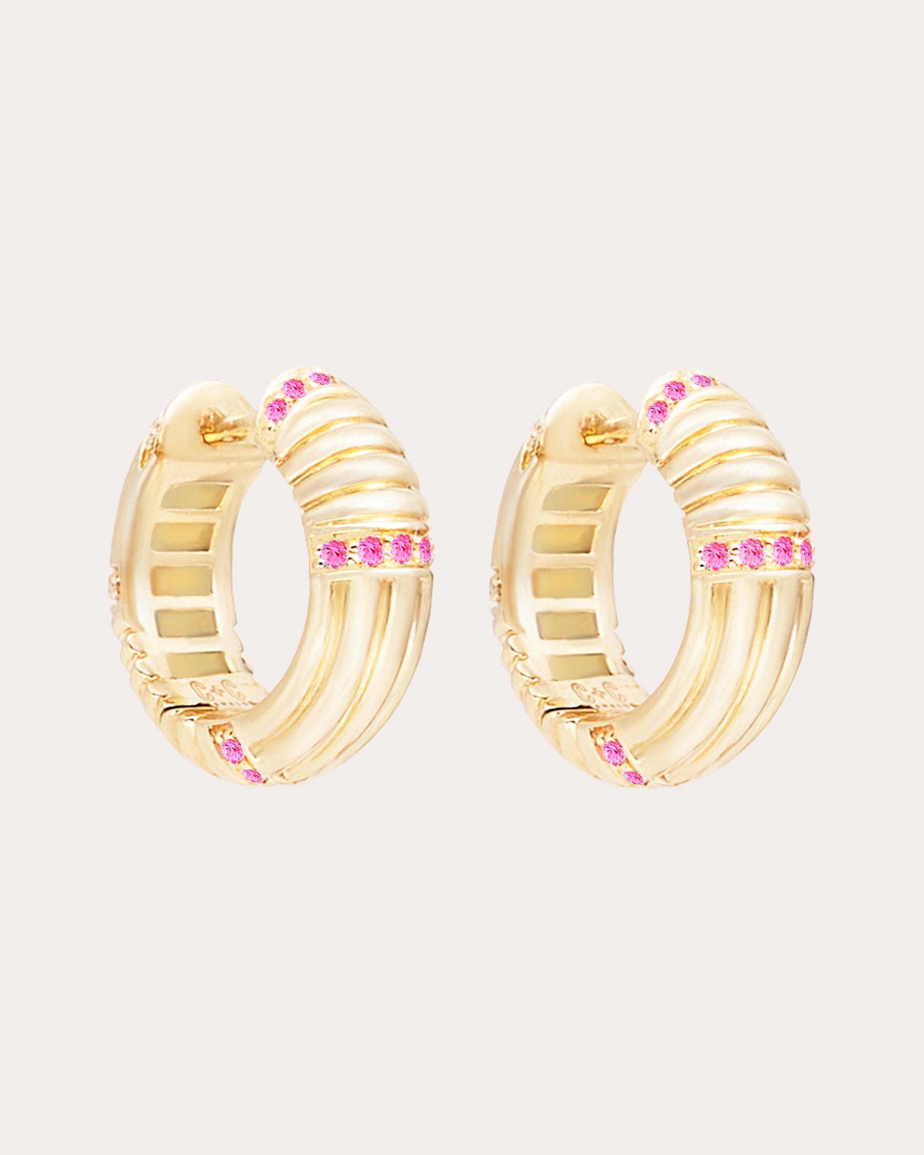 Pink Sapphire & 14k Gold Found Ribbed Hoop Earrings