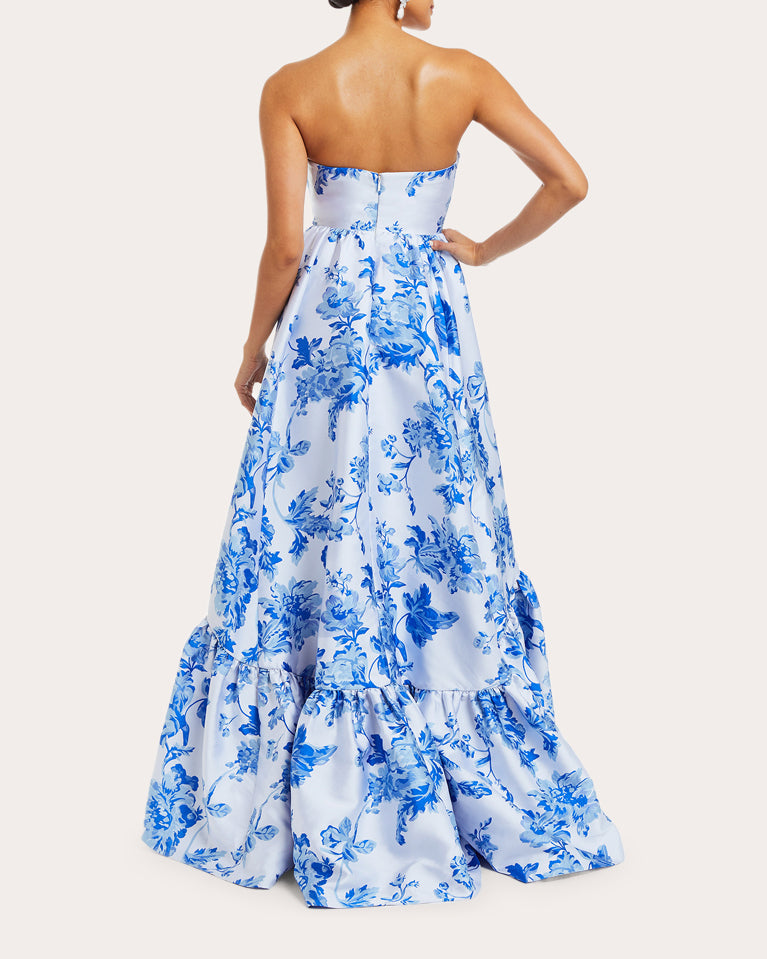 Georgiana Tiered Floral-Print Satin Gown
