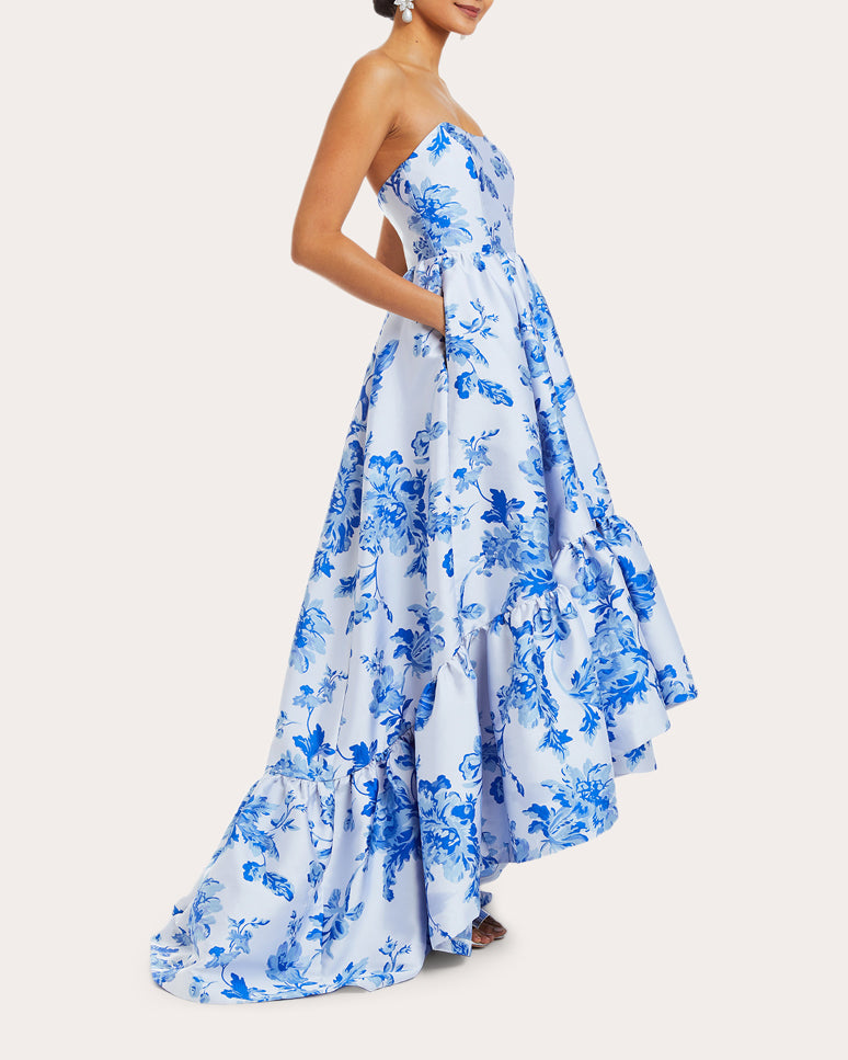 Georgiana Tiered Floral-Print Satin Gown