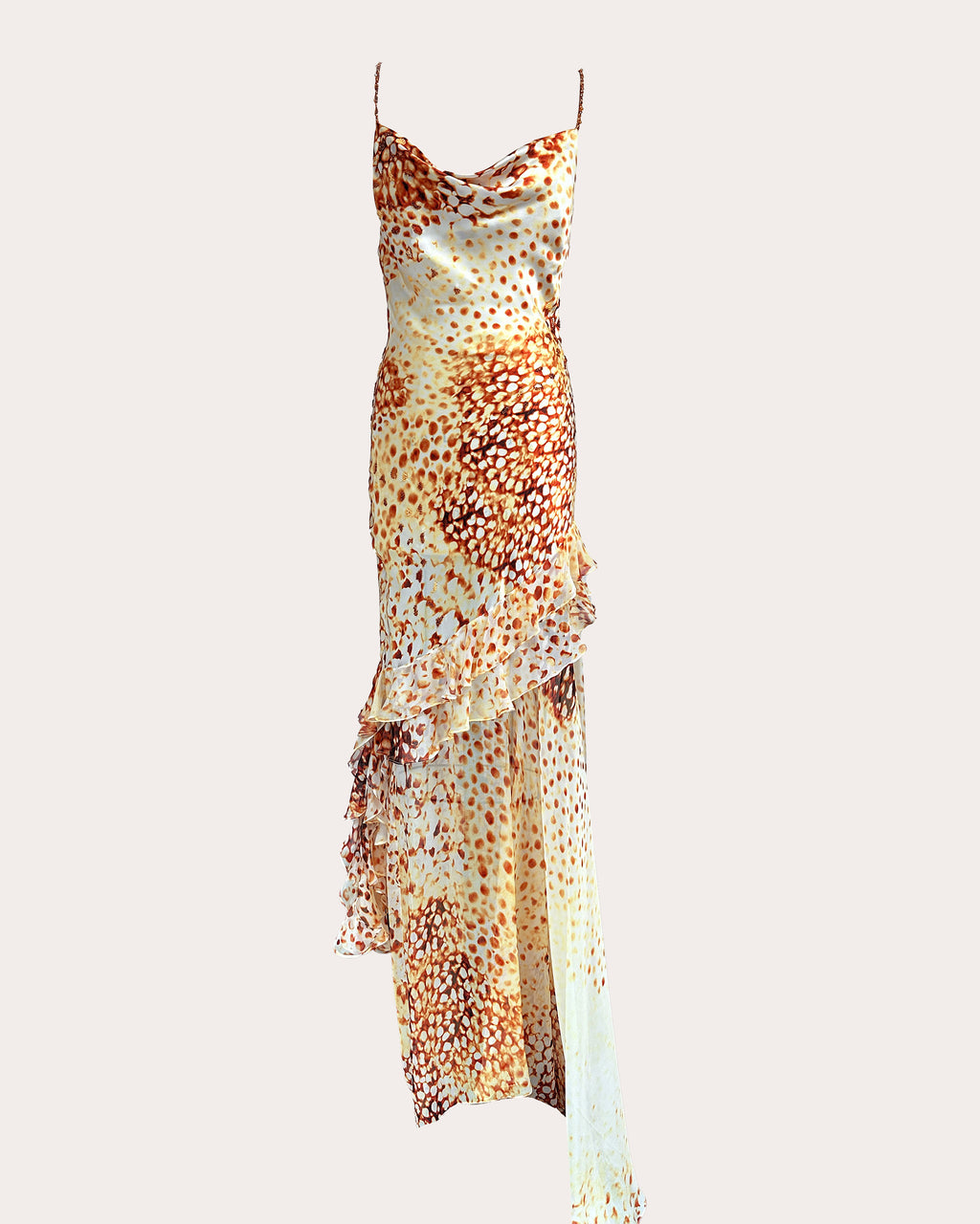 Golden Ruffles Printed Silk Maxi Dress