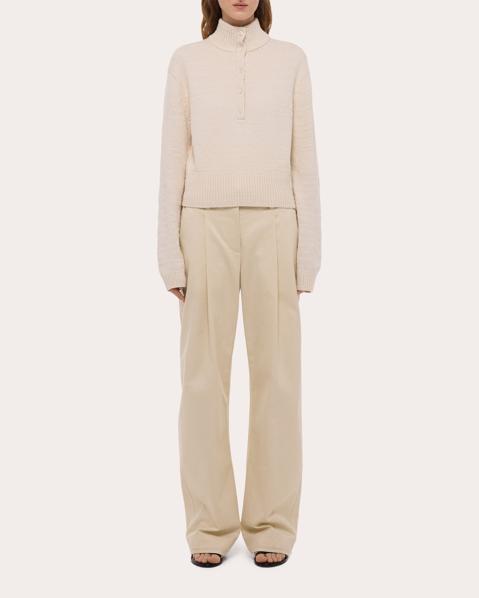 Slub Wool Button Mock Neck Sweater