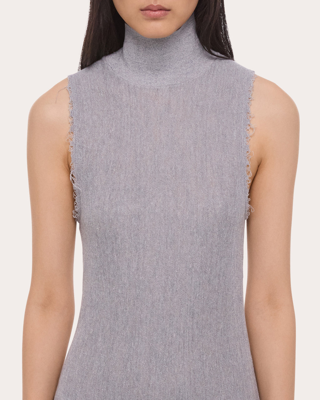 Sheer Raw-Edge Mock Neck Tank Dress