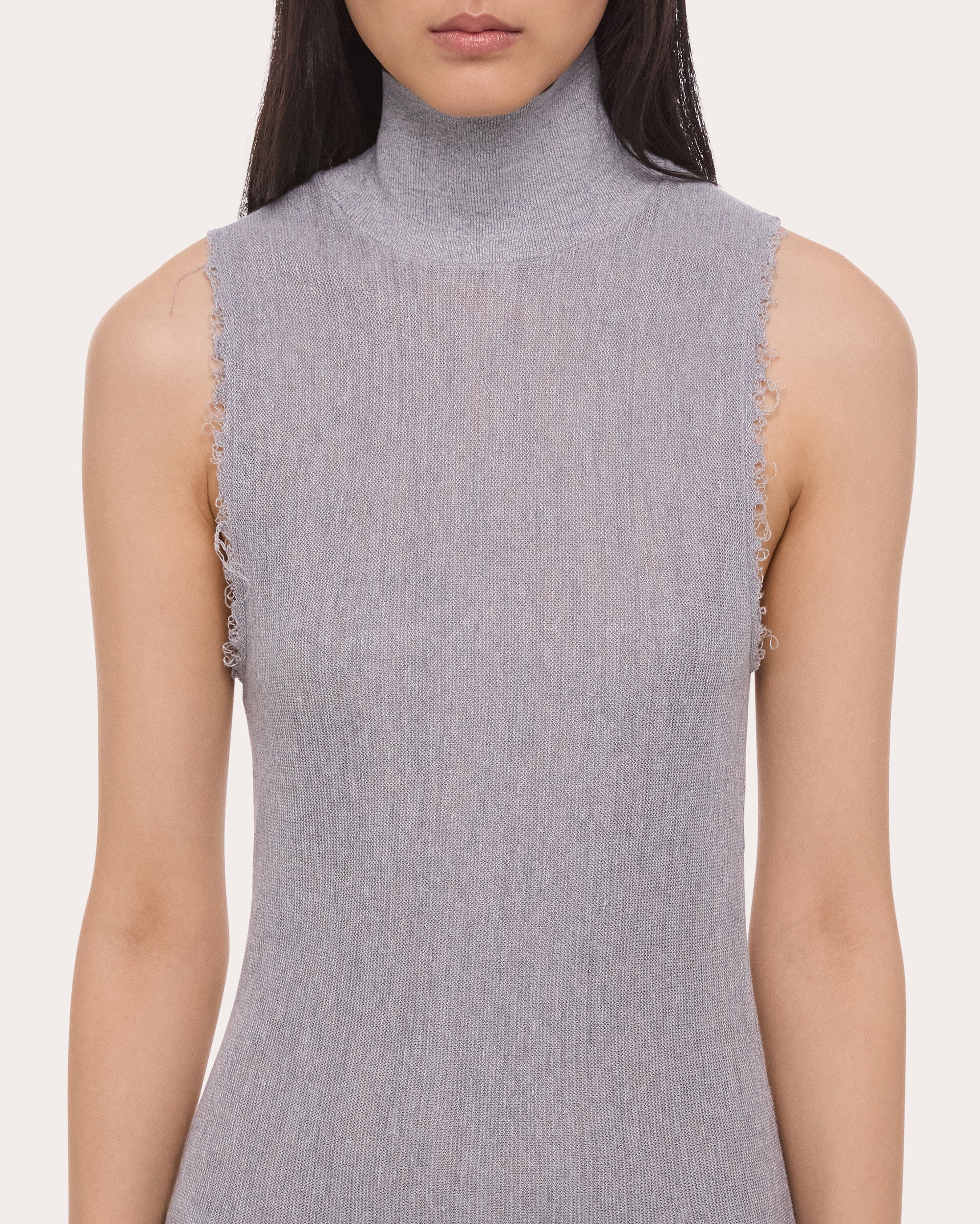 Sheer Raw-Edge Mock Neck Tank Dress