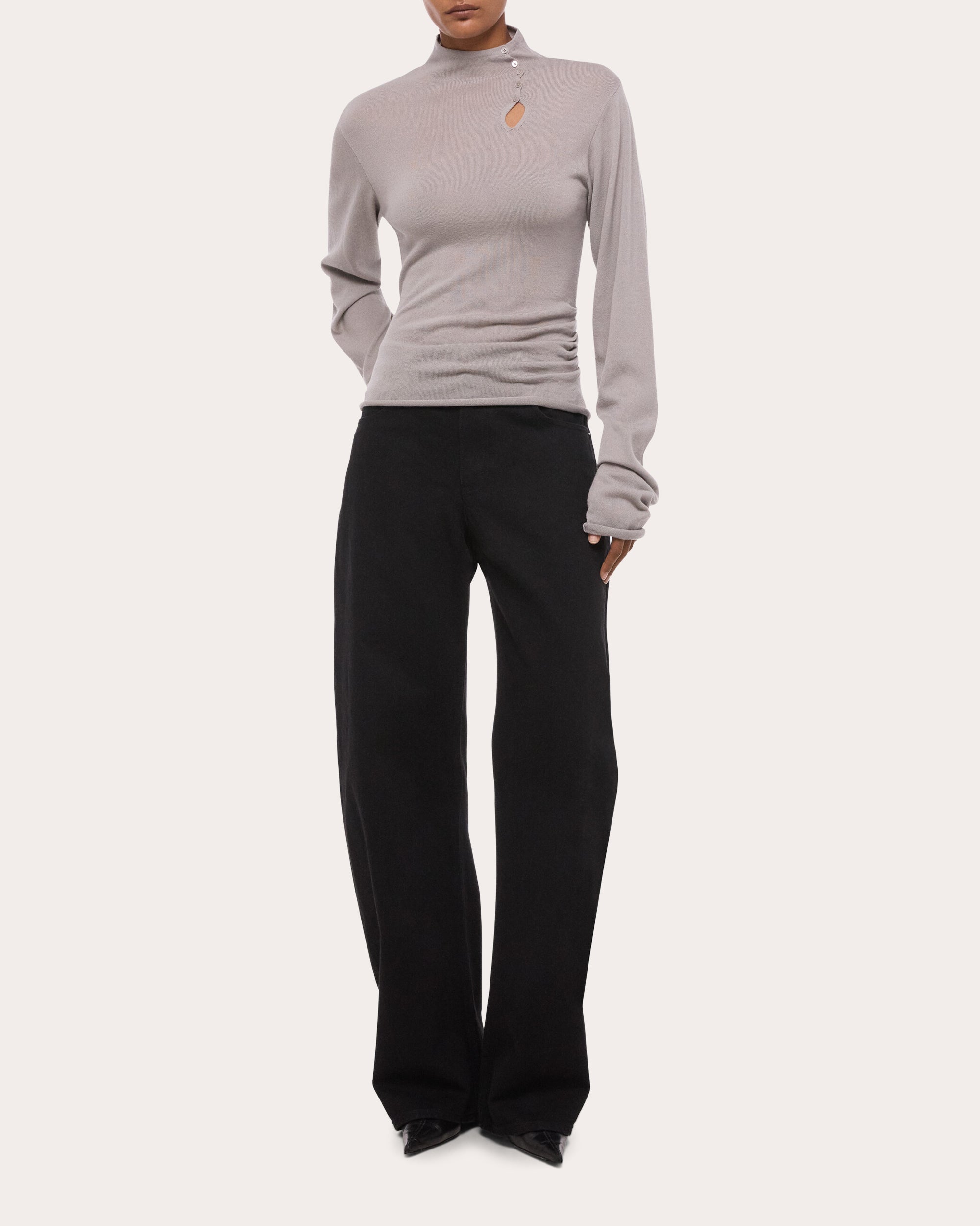 Wool Long-Sleeve Button Mock Neck Top