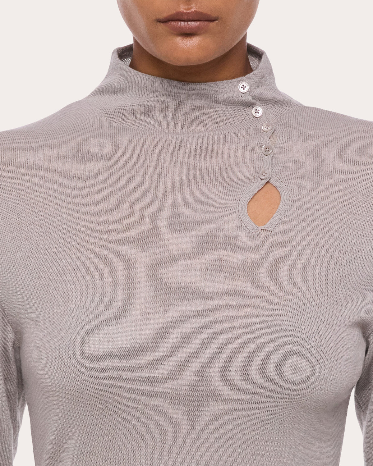 Wool Long-Sleeve Button Mock Neck Top