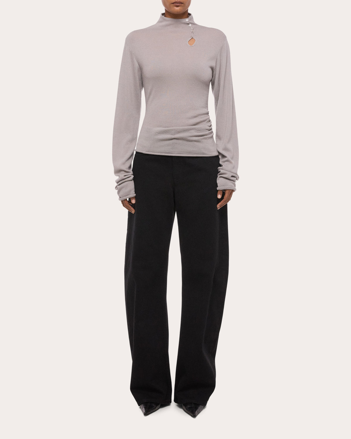 Wool Long-Sleeve Button Mock Neck Top