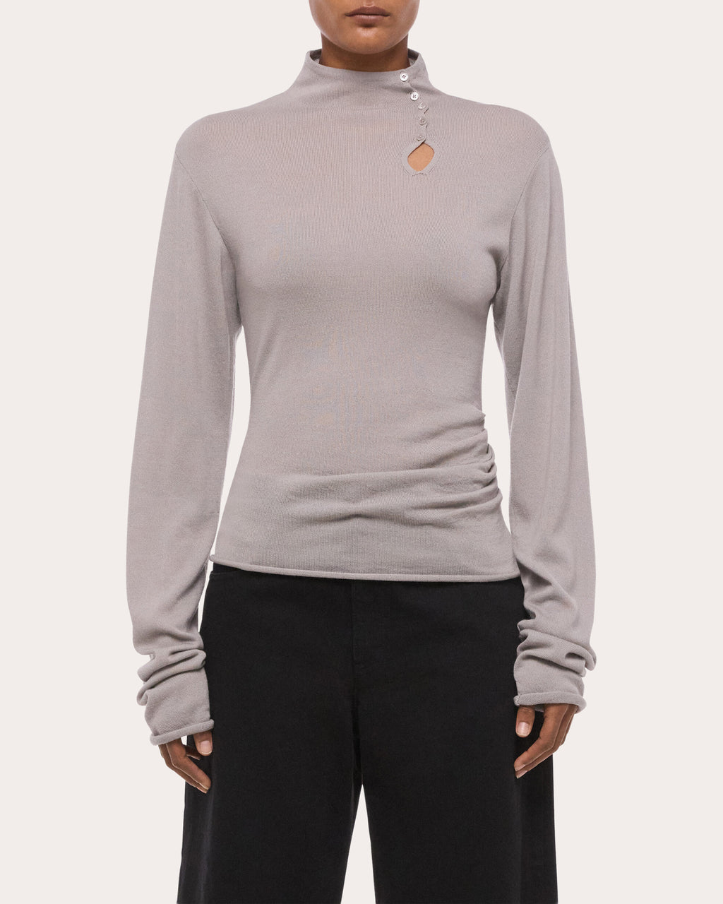 Wool Long-Sleeve Button Mock Neck Top