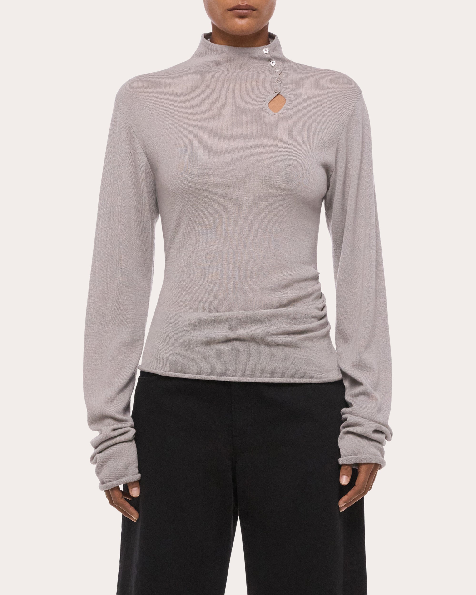 Wool Long-Sleeve Button Mock Neck Top