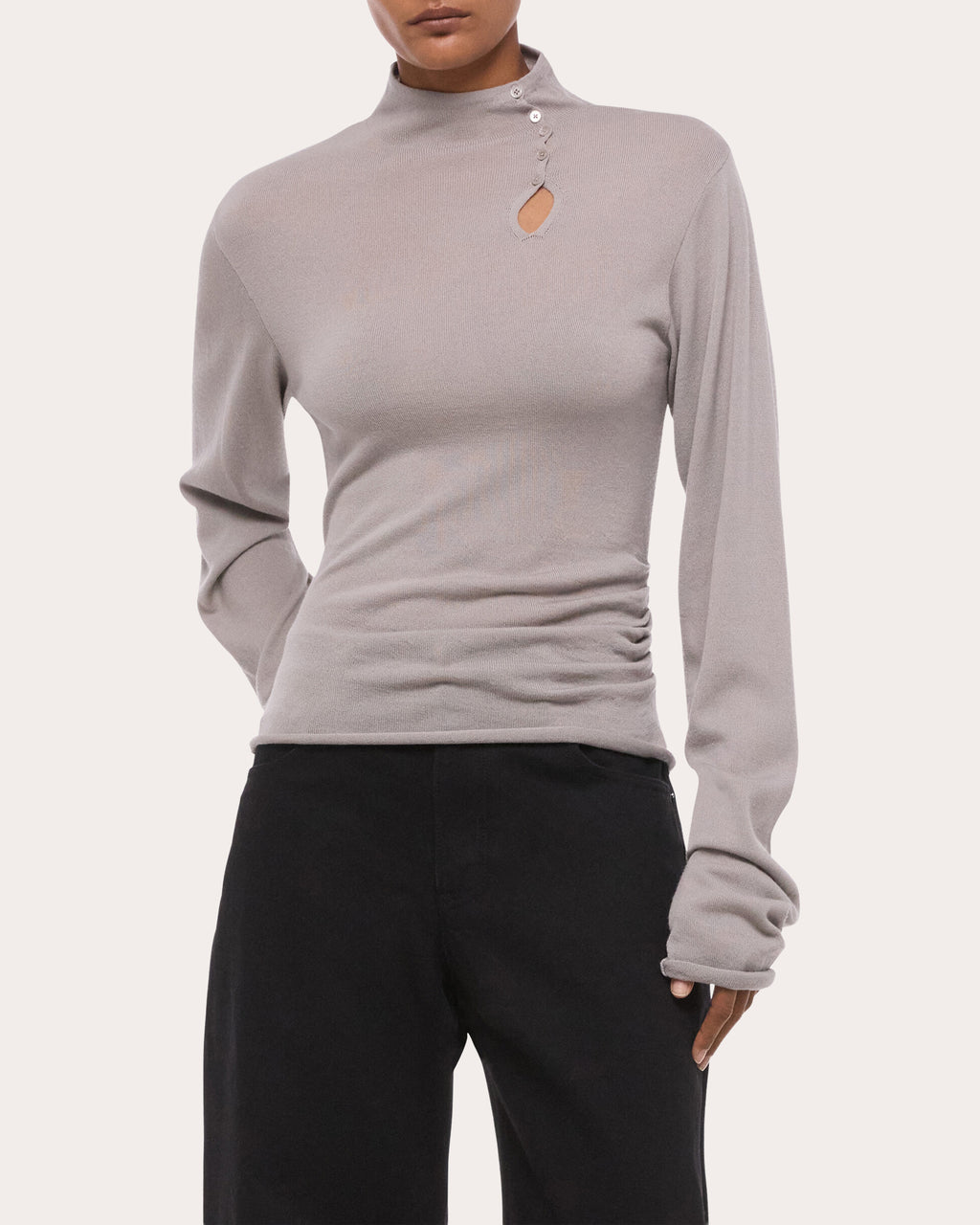 Wool Long-Sleeve Button Mock Neck Top
