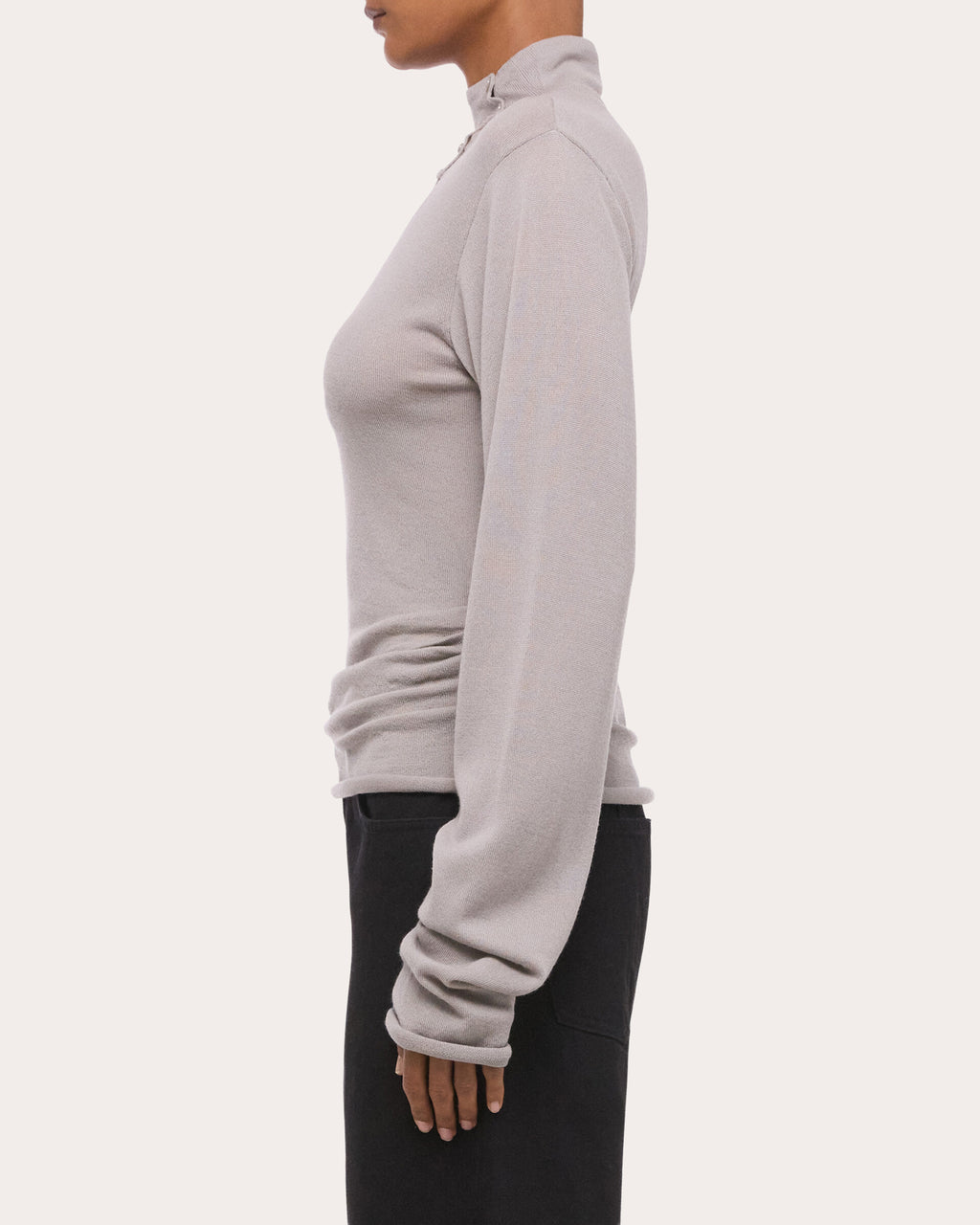 Wool Long-Sleeve Button Mock Neck Top