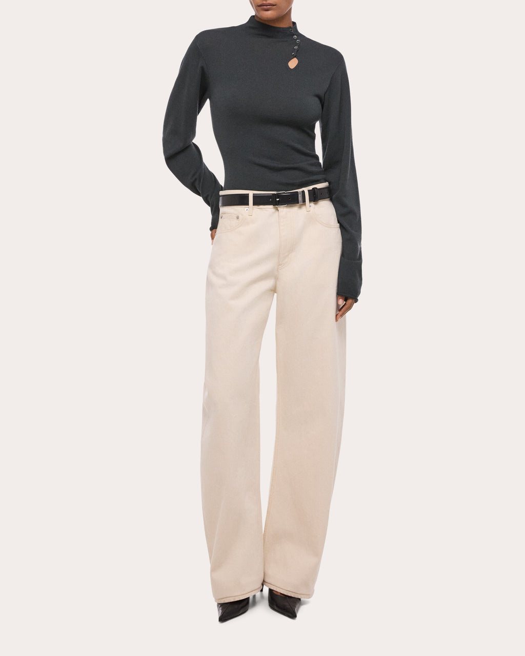 Wool Long-Sleeve Button Mock Neck Top