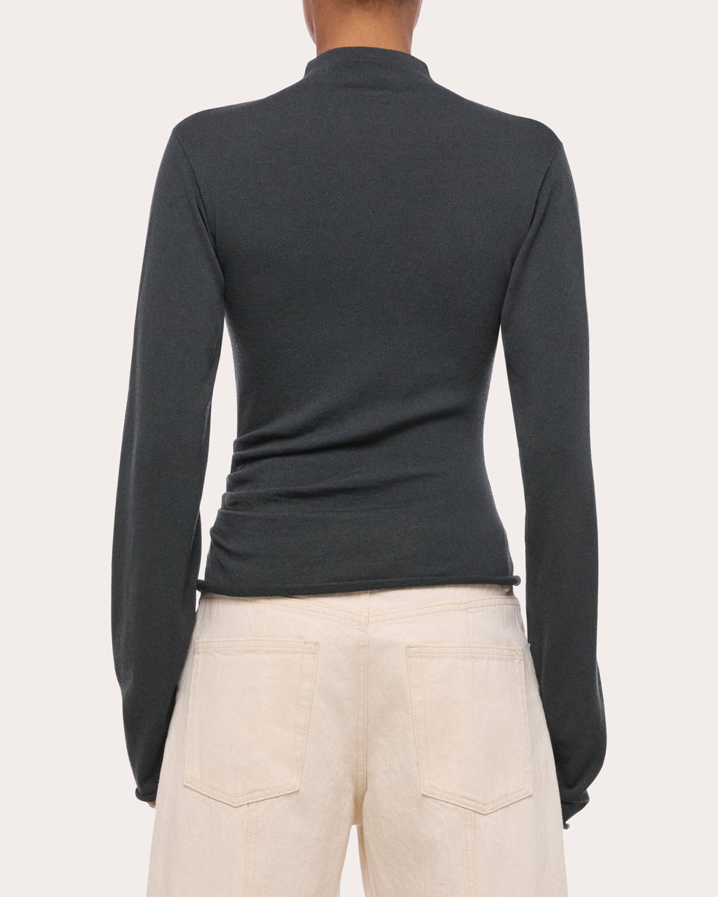 Wool Long-Sleeve Button Mock Neck Top