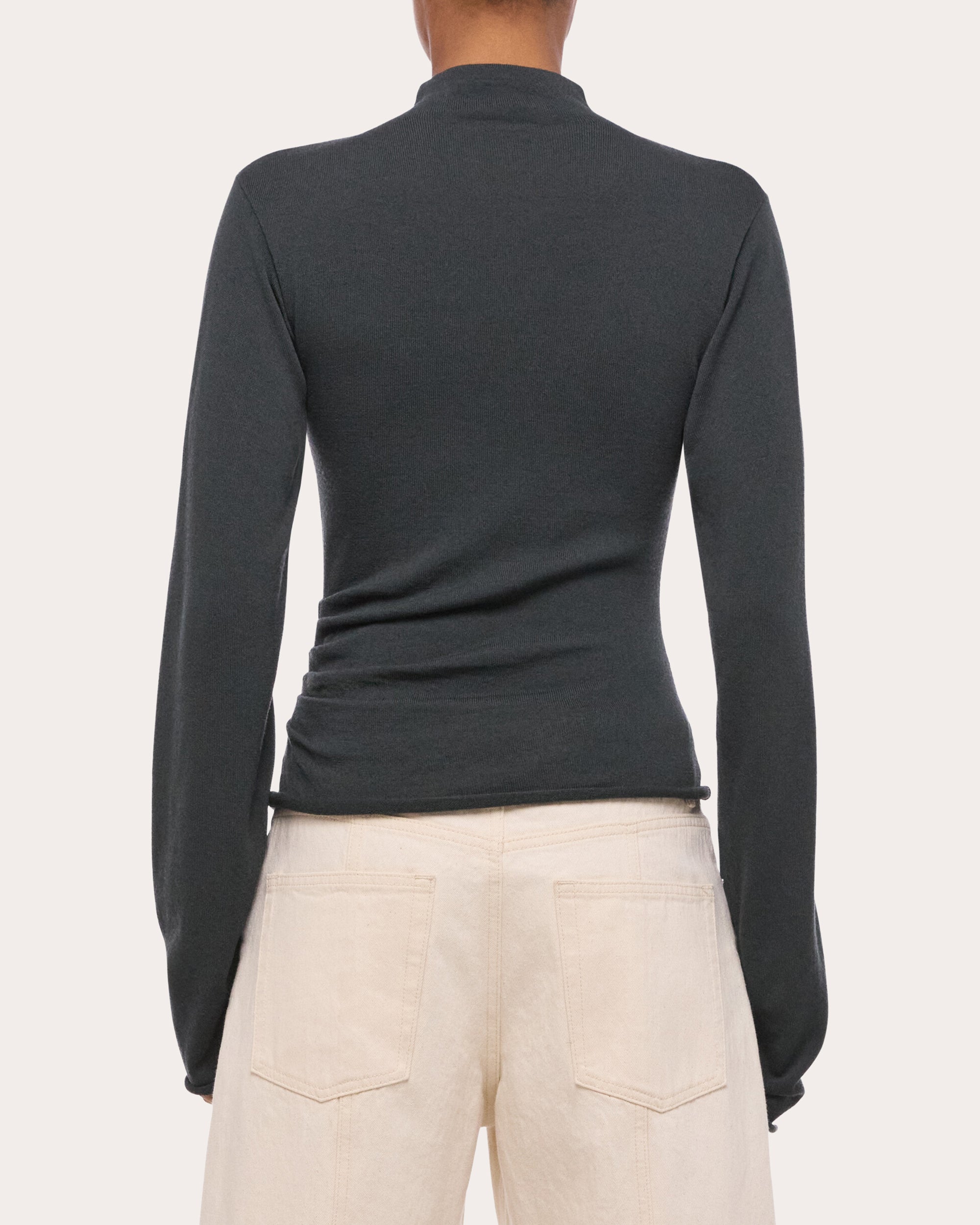 Wool Long-Sleeve Button Mock Neck Top