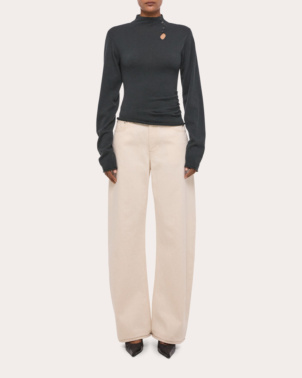 Wool Long-Sleeve Button Mock Neck Top