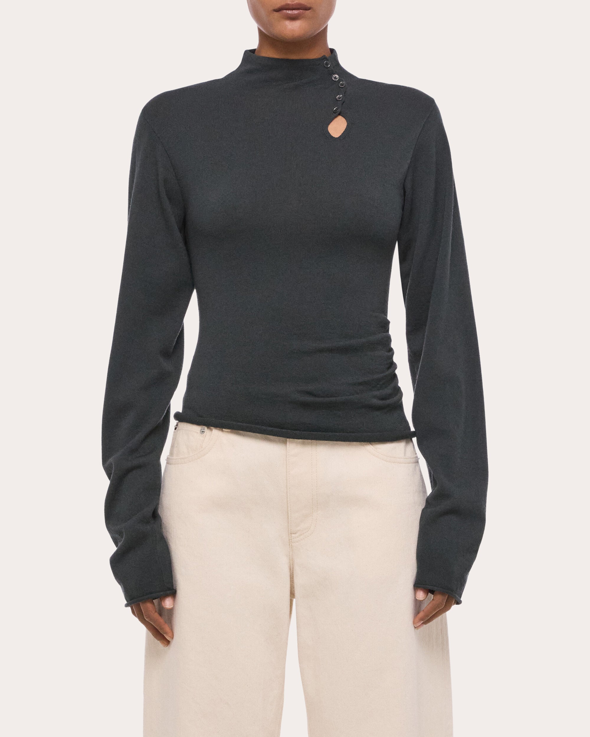 Wool Long-Sleeve Button Mock Neck Top