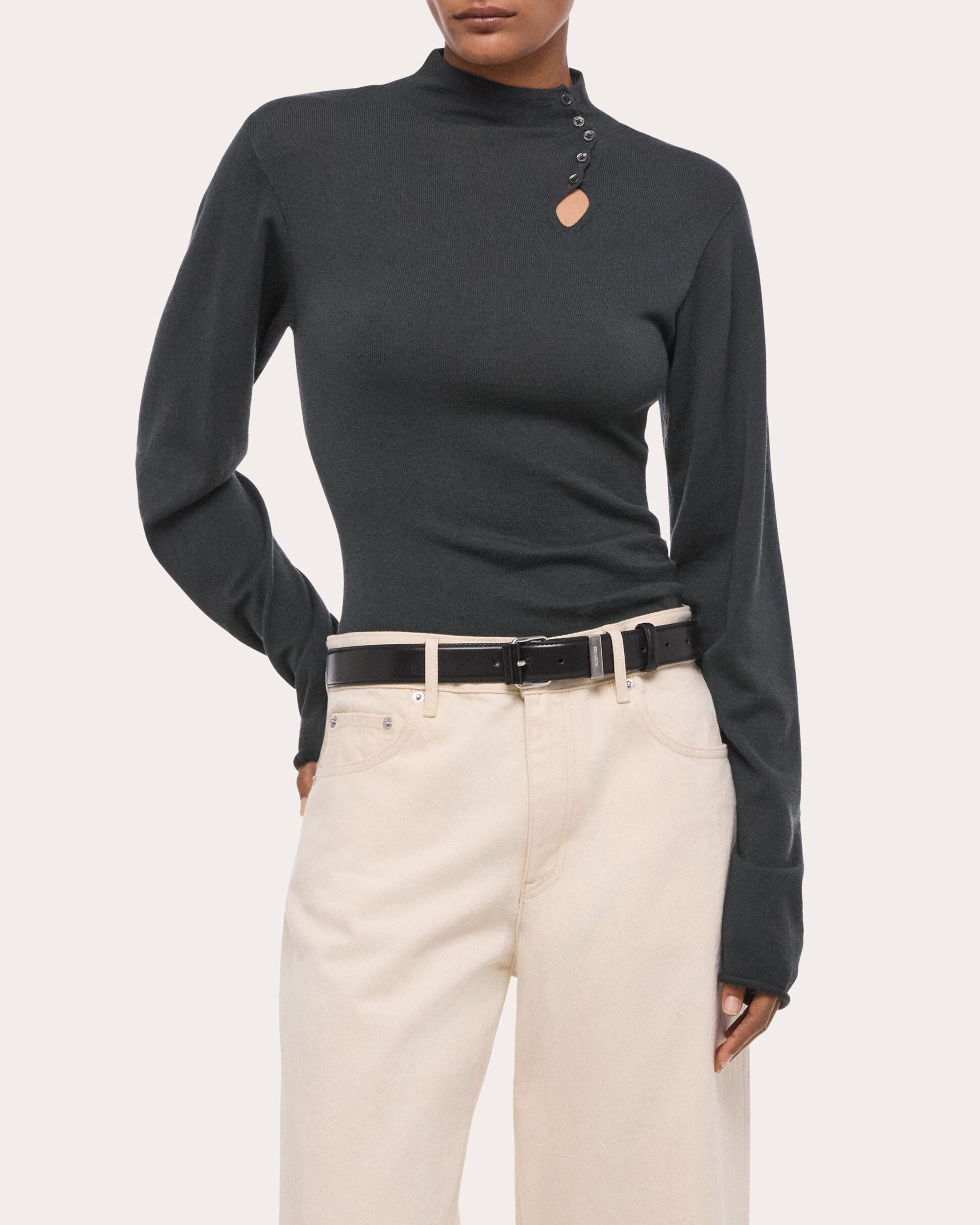 Wool Long-Sleeve Button Mock Neck Top