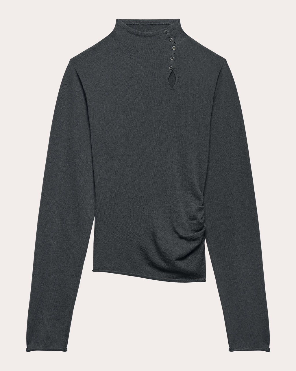 Wool Long-Sleeve Button Mock Neck Top