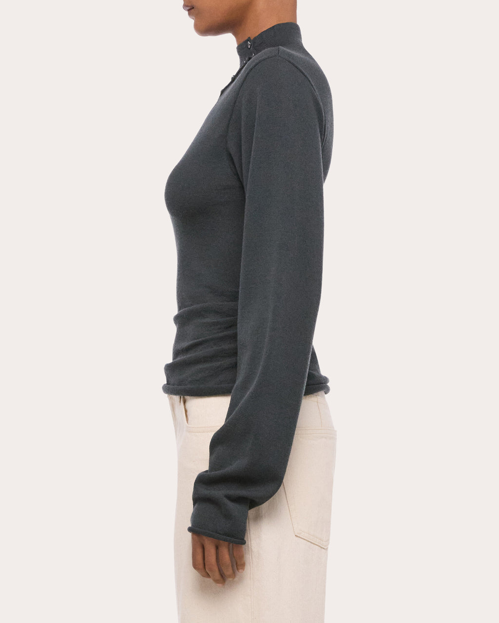 Wool Long-Sleeve Button Mock Neck Top