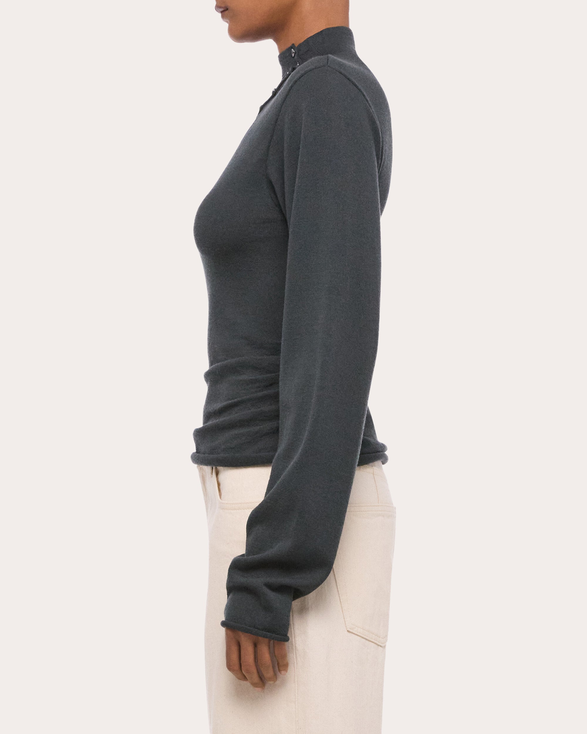 Wool Long-Sleeve Button Mock Neck Top