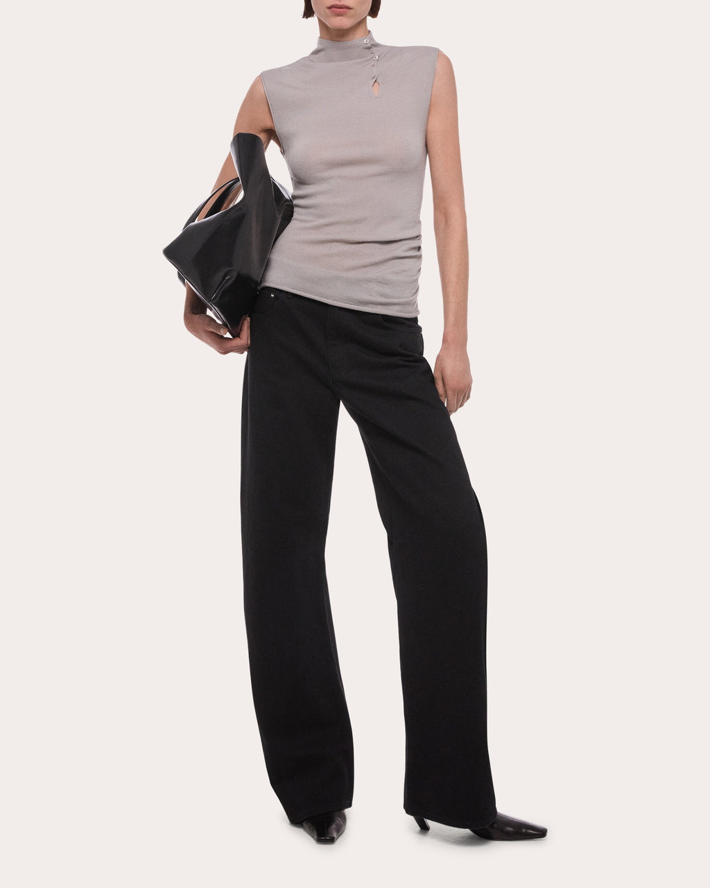 Wool Sleeveless Button Mock Neck Top