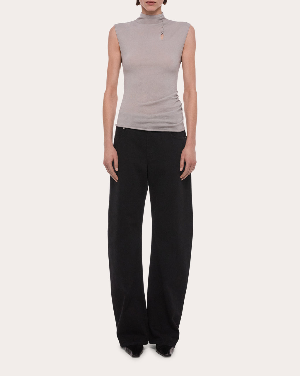 Wool Sleeveless Button Mock Neck Top
