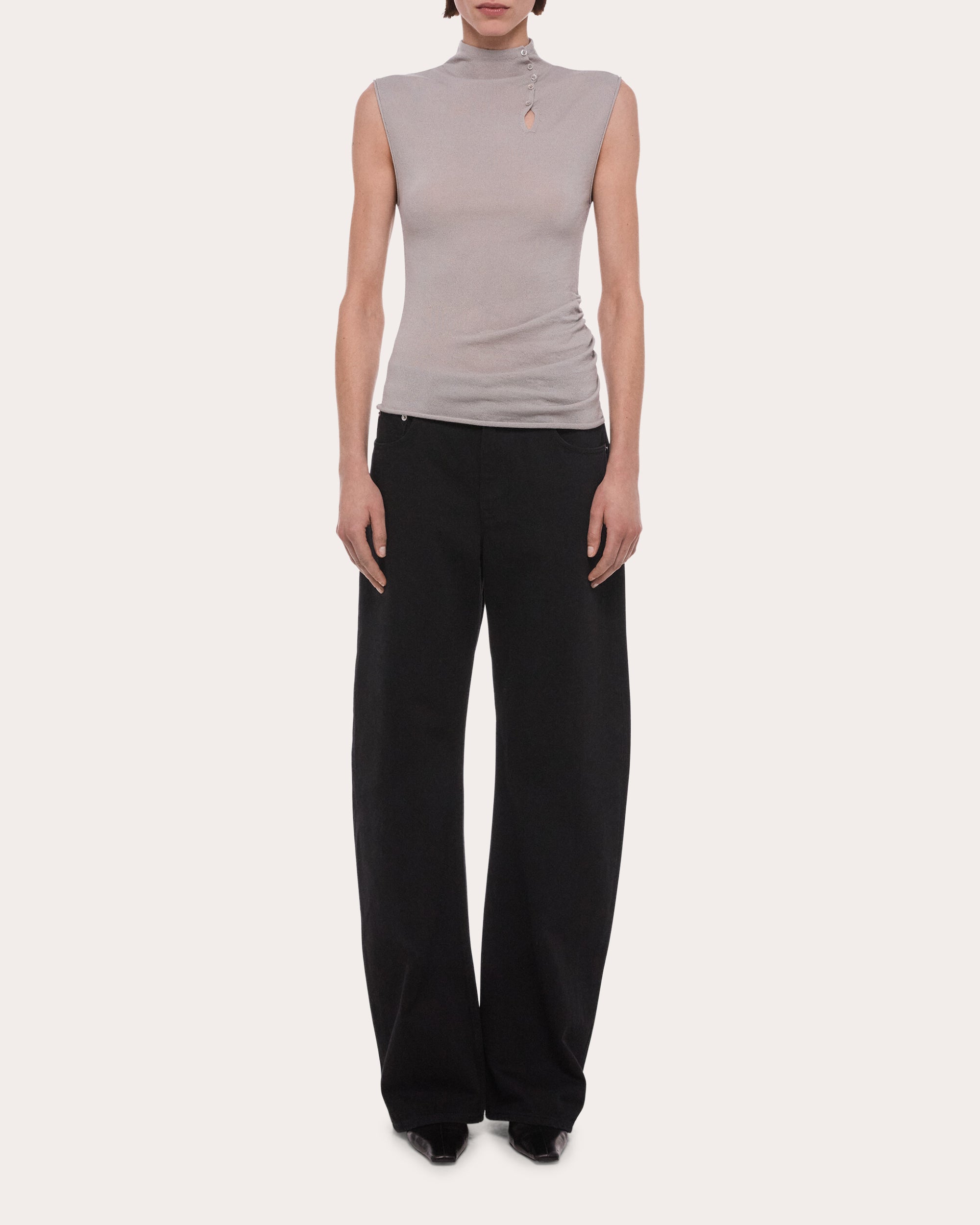 Wool Sleeveless Button Mock Neck Top