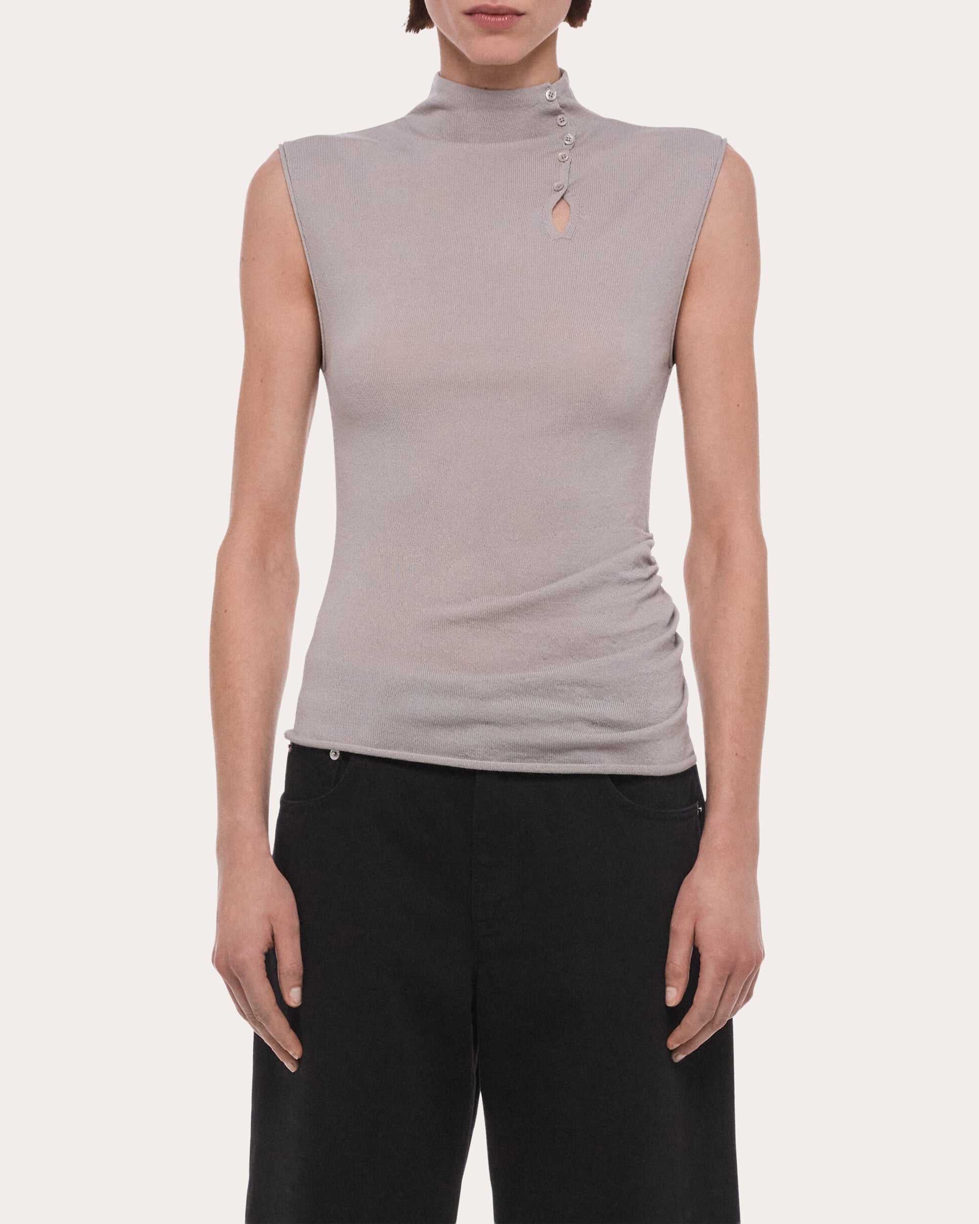 Wool Sleeveless Button Mock Neck Top